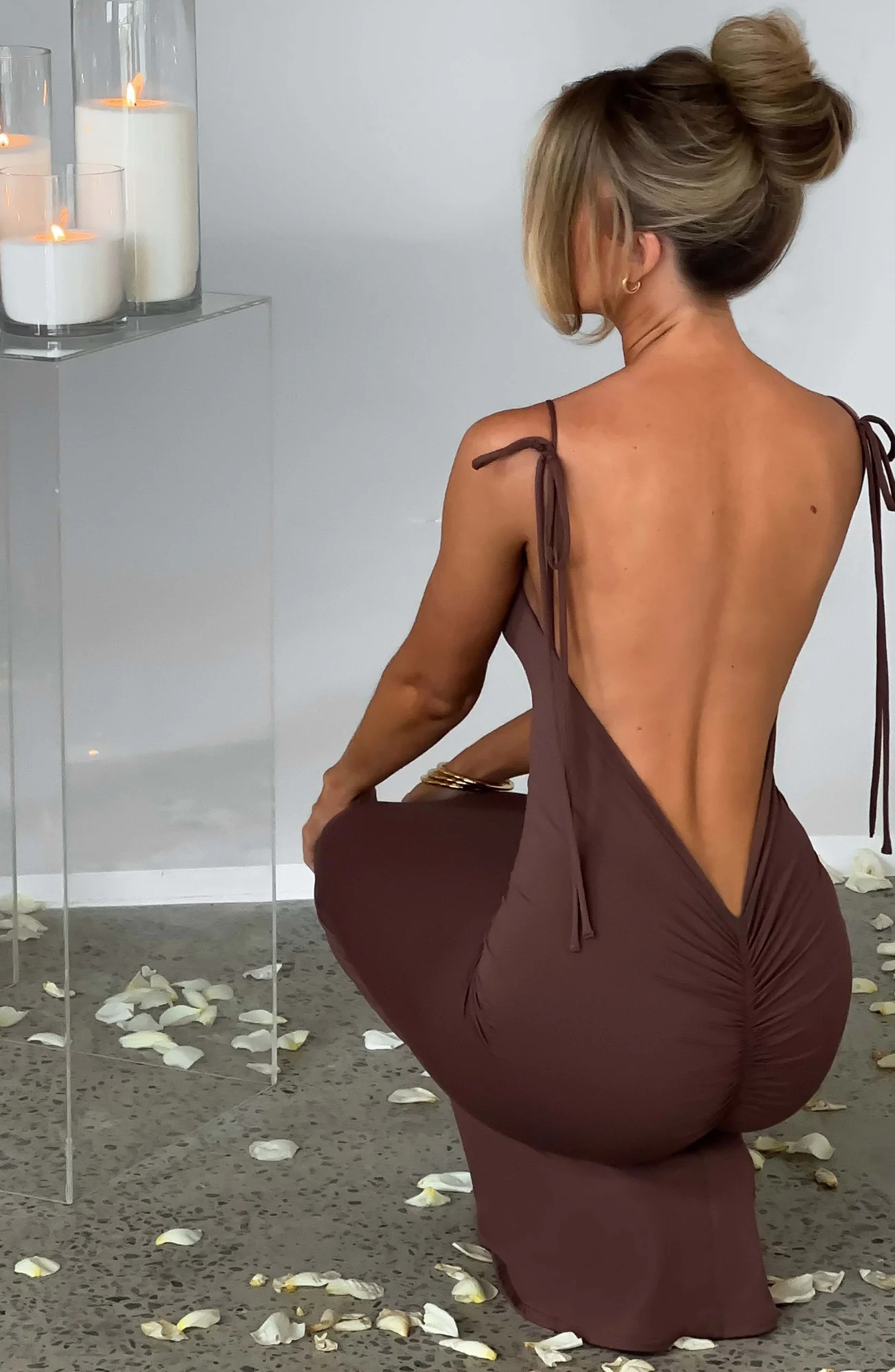 Chocolate Slinky Maxi Dress - Elegant Floor Sweeping Gown