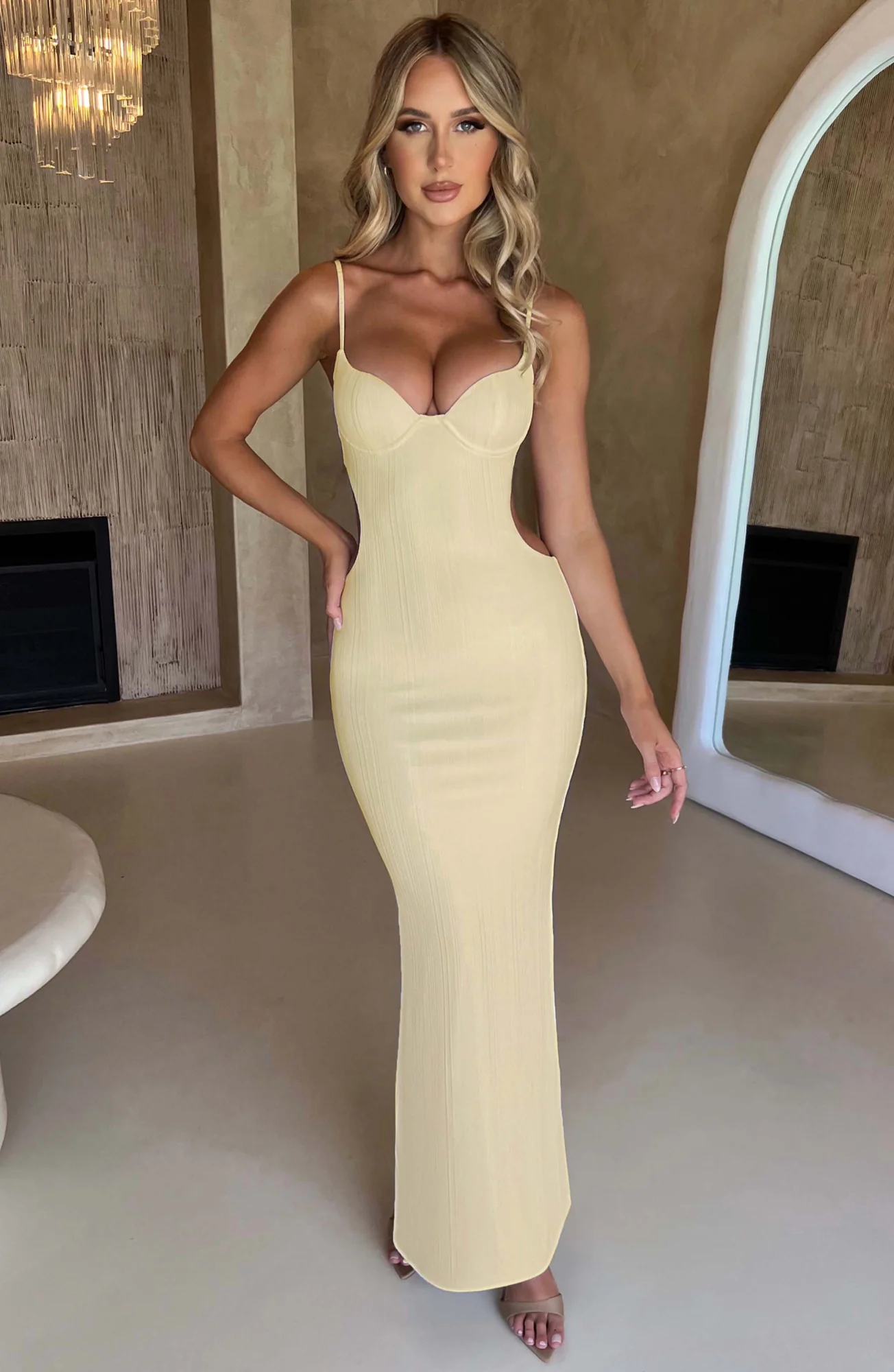 Lemon Ribbed Jersey Maxi Dress with Cut-Out Details