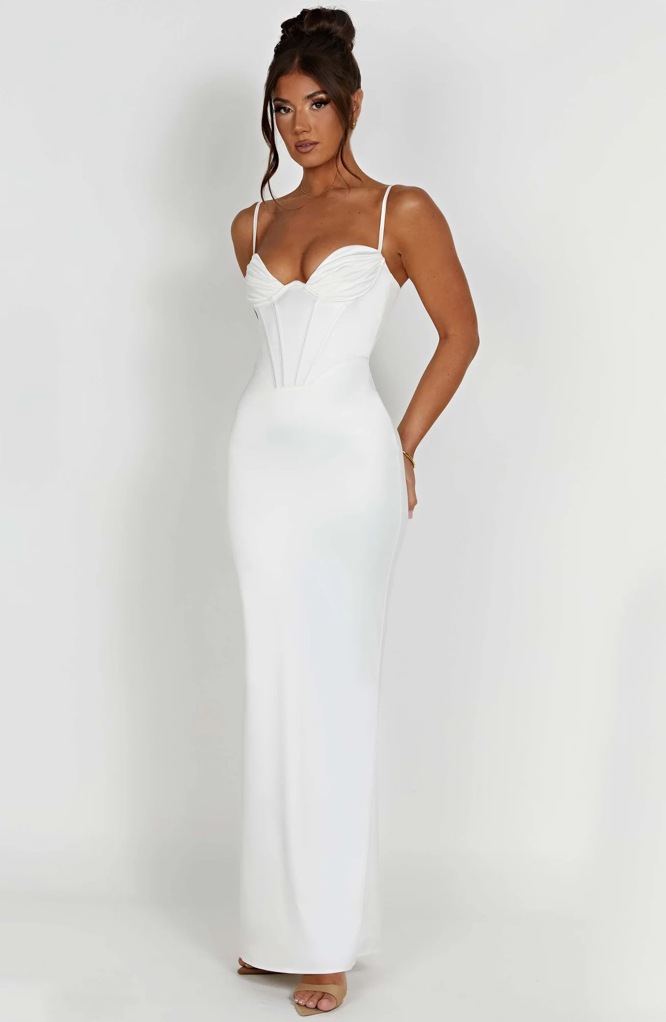 Ivory Satin Corset Maxi Dress - Elegant Floor-Length Formal Gown