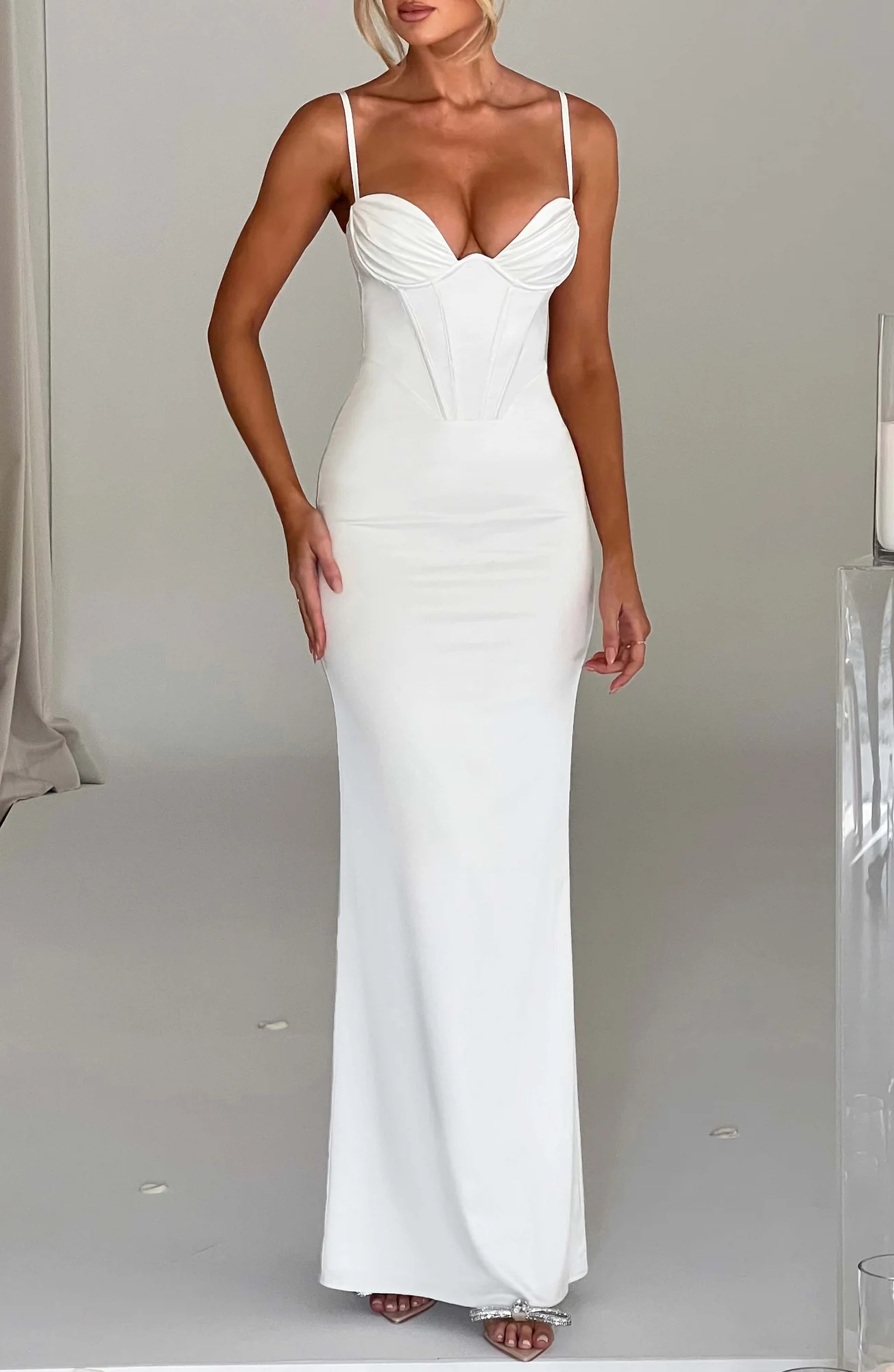 Ivory Satin Corset Maxi Dress - Elegant Floor-Length Formal Gown
