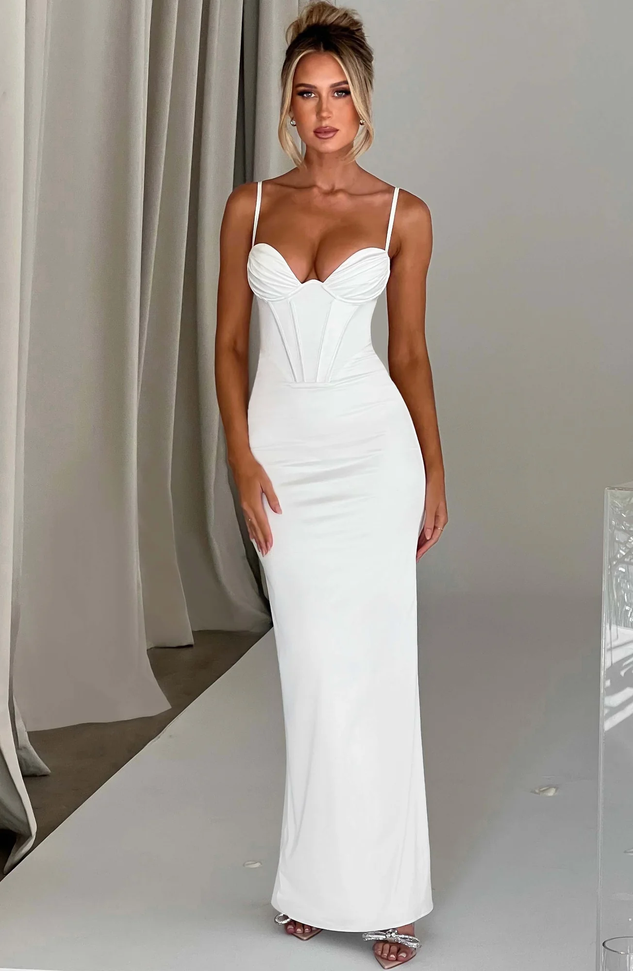 Ivory Satin Corset Maxi Dress - Elegant Floor-Length Formal Gown