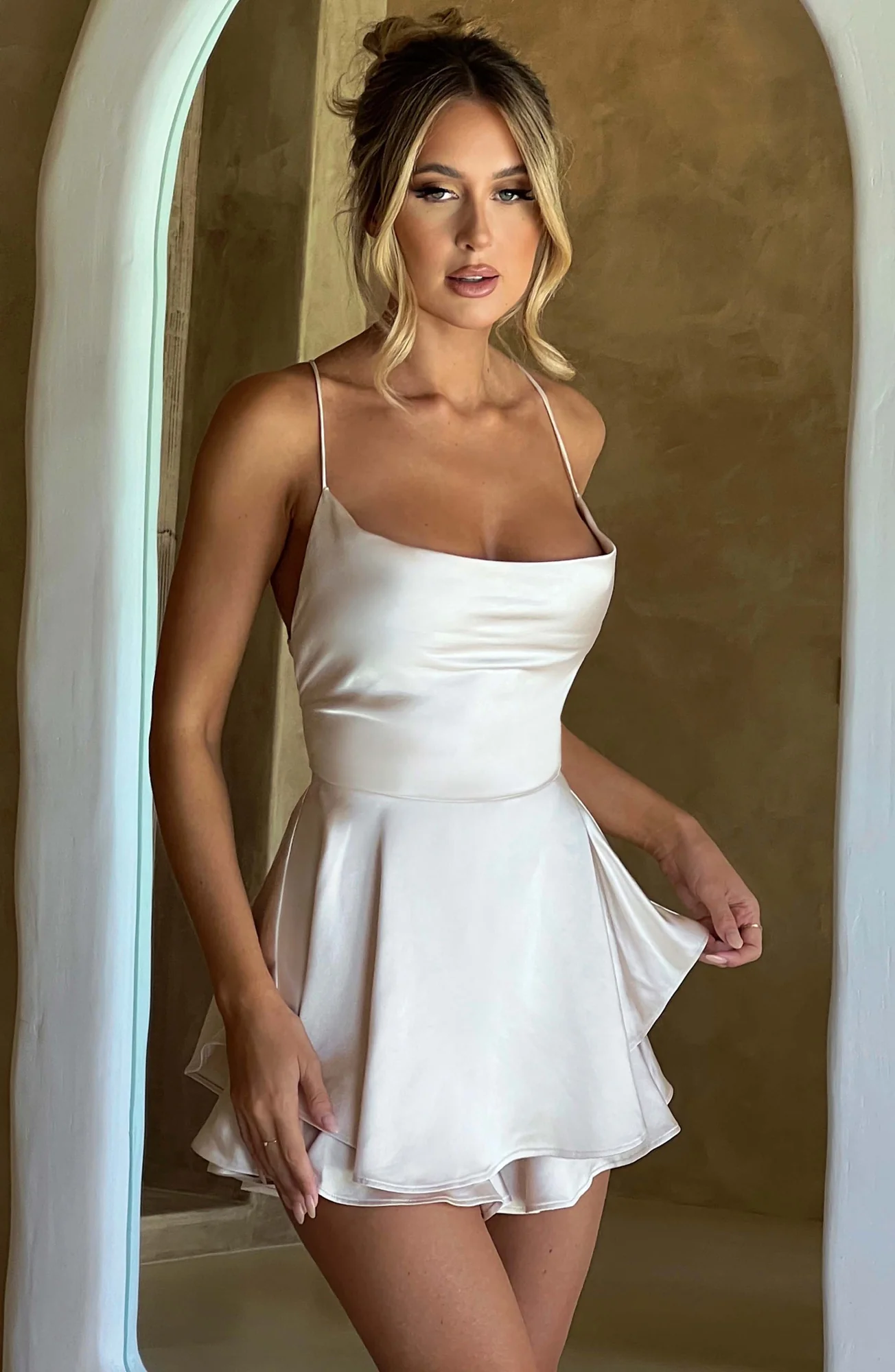 Champagne Satin Jumpsuit with Cowl Neck and Ruffle Shorts