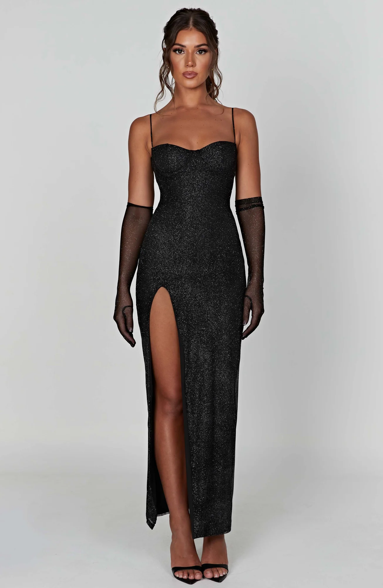 Black Sparkle Maxi Dress with Underwired Cups and Thigh High Split