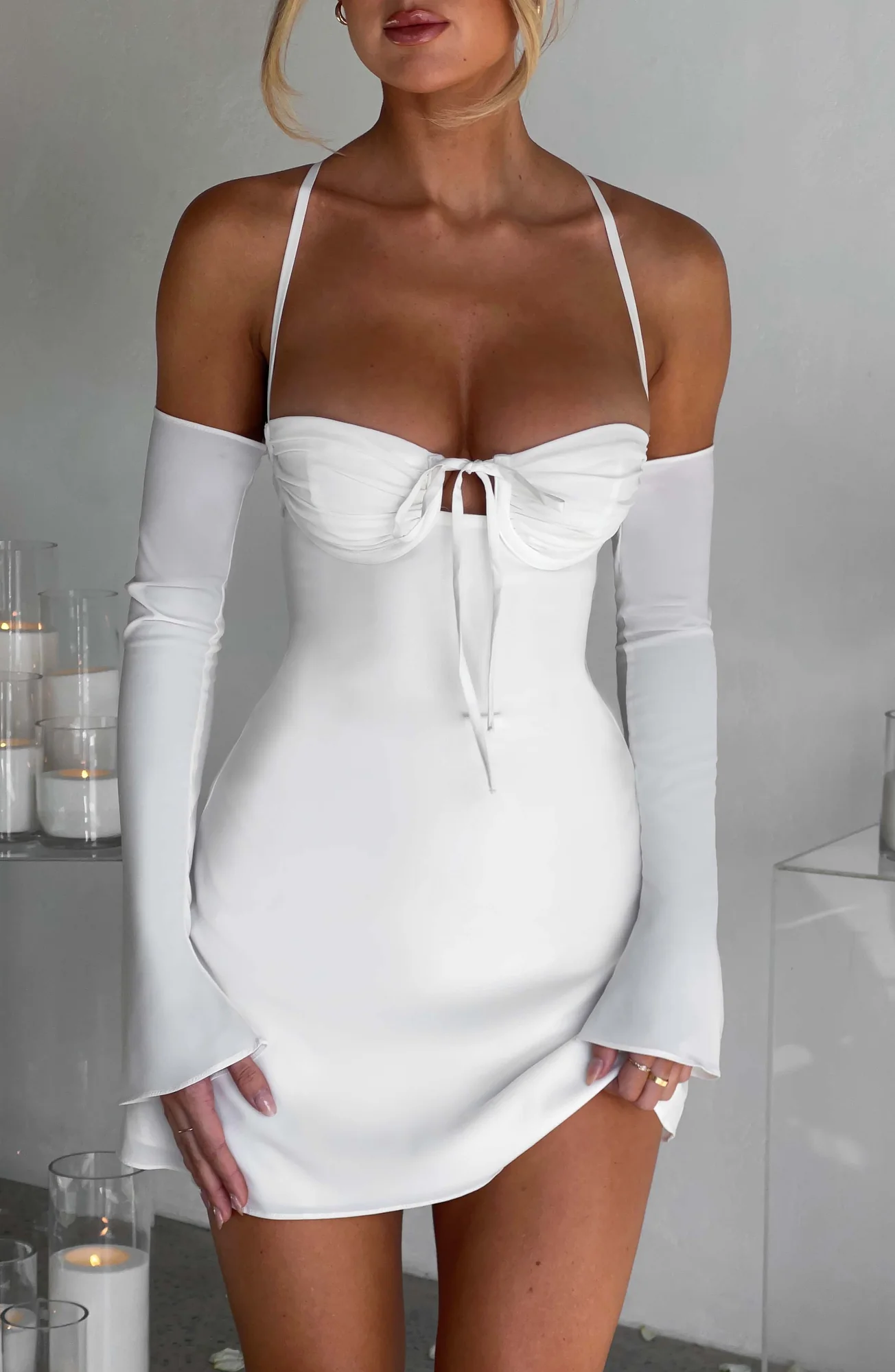 Ivory Chiffon Mini Dress - Elegant Off-Shoulder Style