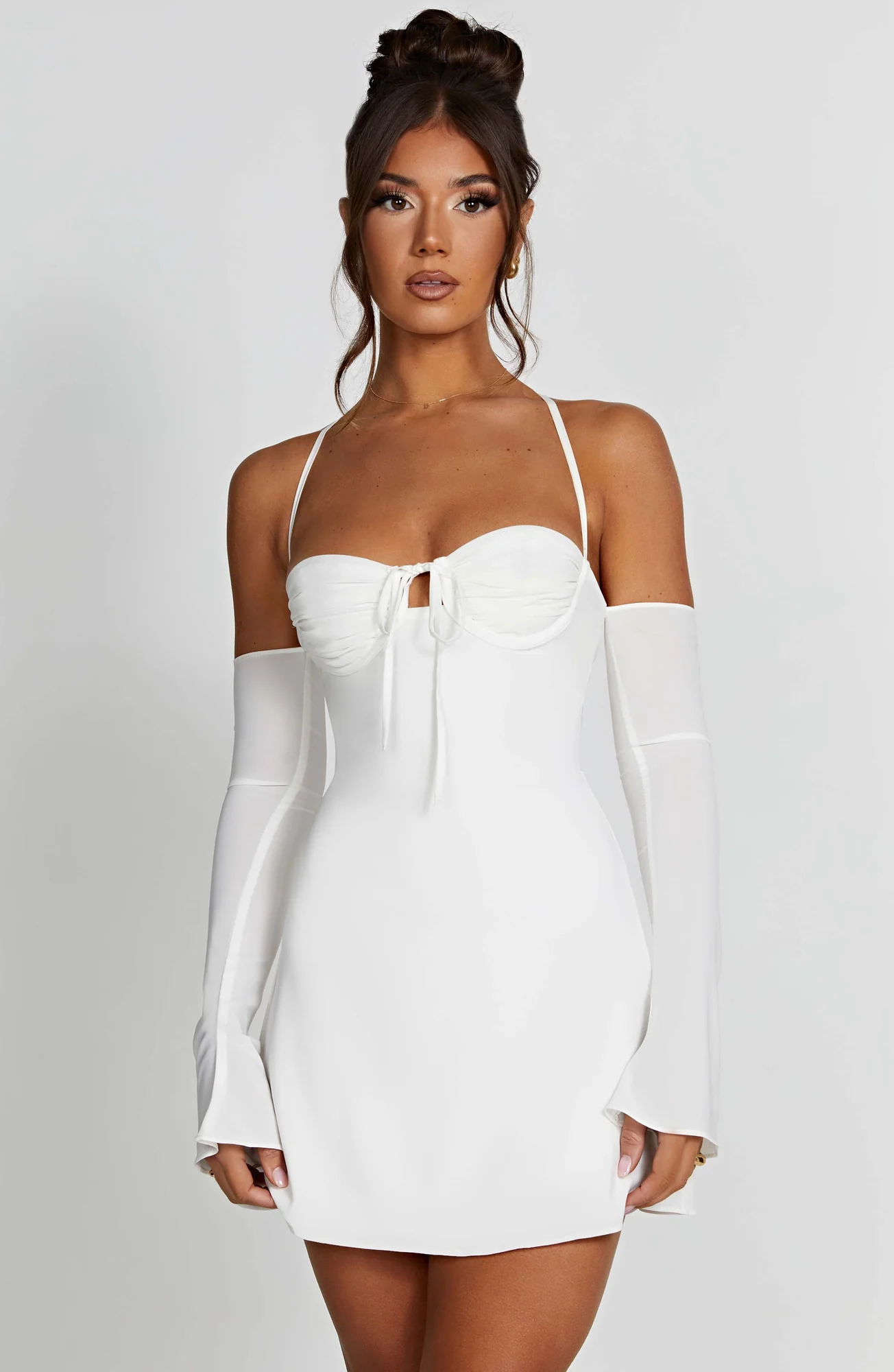 Ivory Chiffon Mini Dress - Elegant Off-Shoulder Style