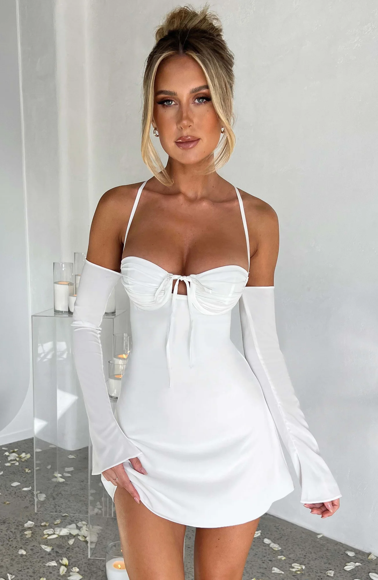 Ivory Chiffon Mini Dress - Elegant Off-Shoulder Style