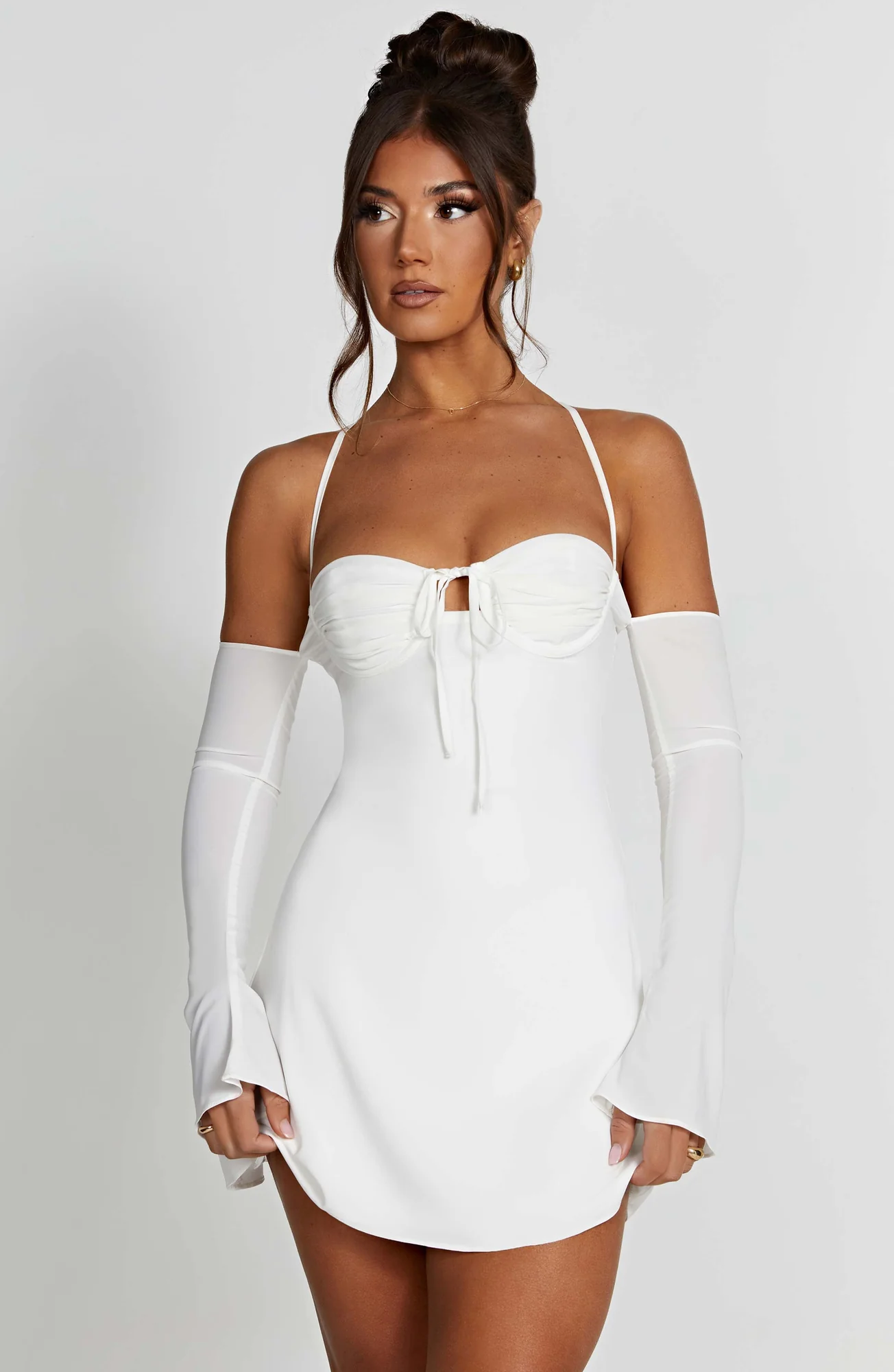 Ivory Chiffon Mini Dress - Elegant Off-Shoulder Style