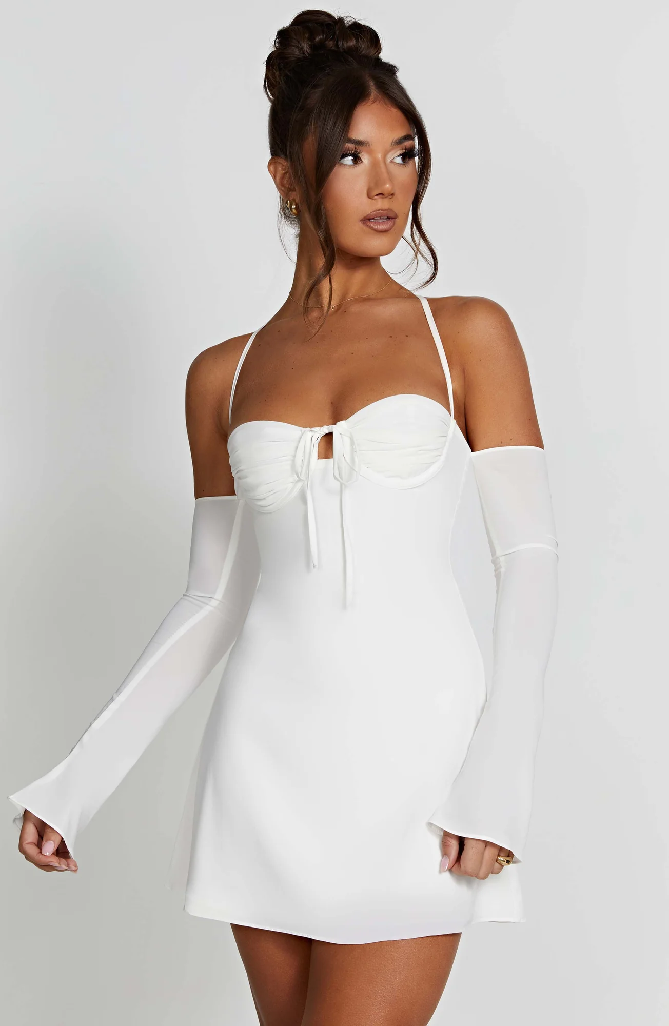 Ivory Chiffon Mini Dress - Elegant Off-Shoulder Style