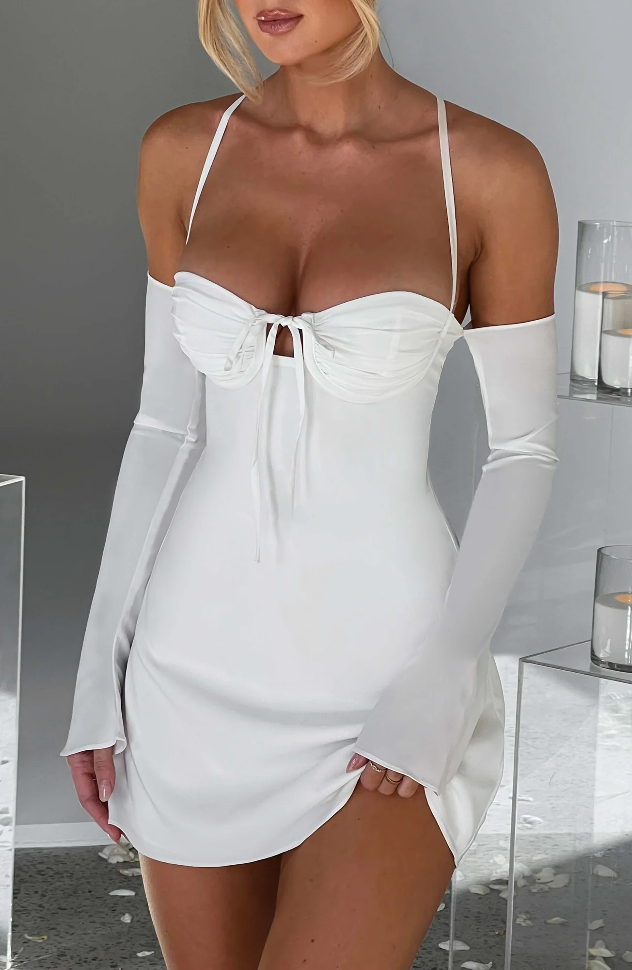 Ivory Chiffon Mini Dress - Elegant Off-Shoulder Style
