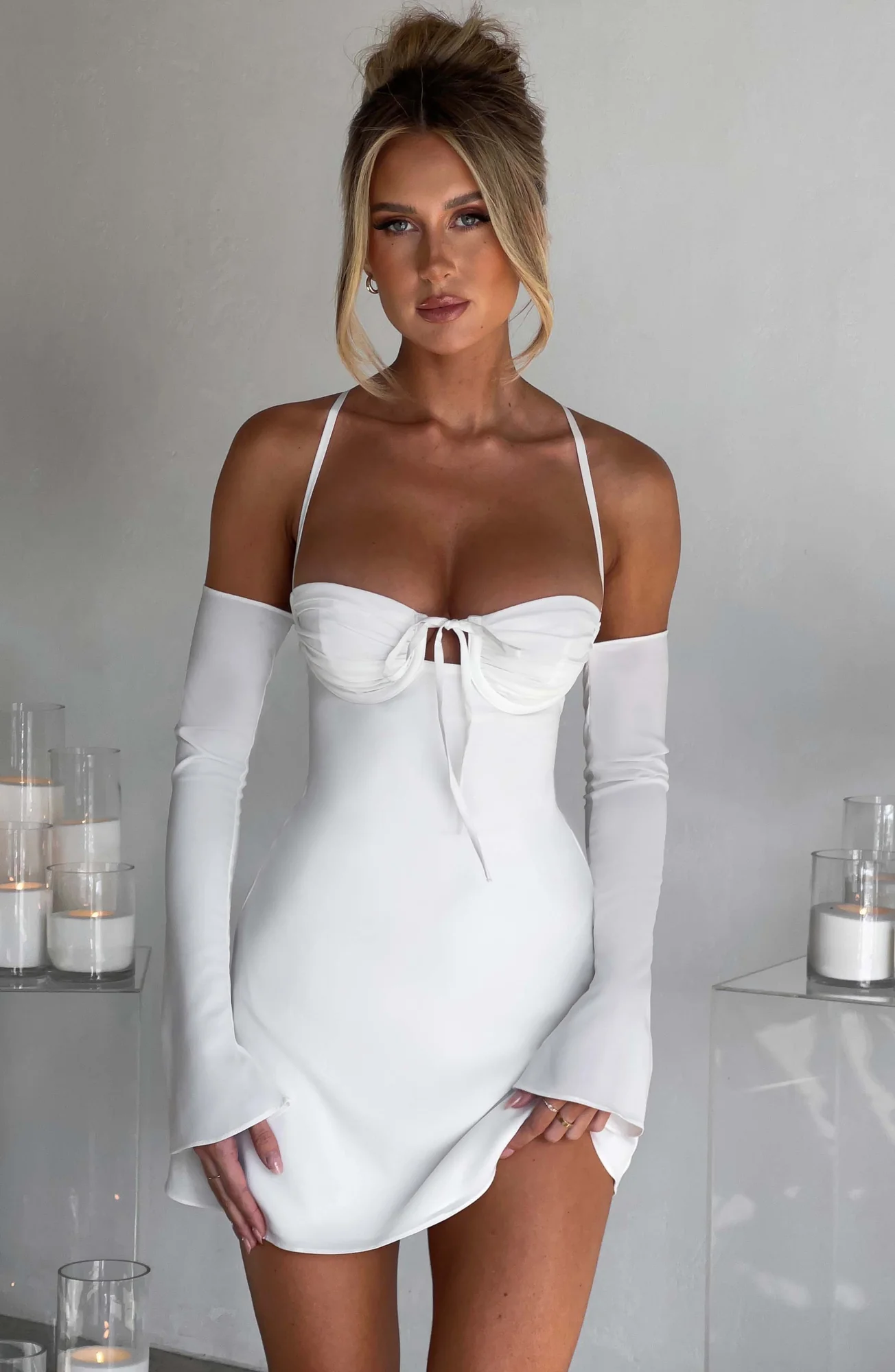 Ivory Chiffon Mini Dress - Elegant Off-Shoulder Style