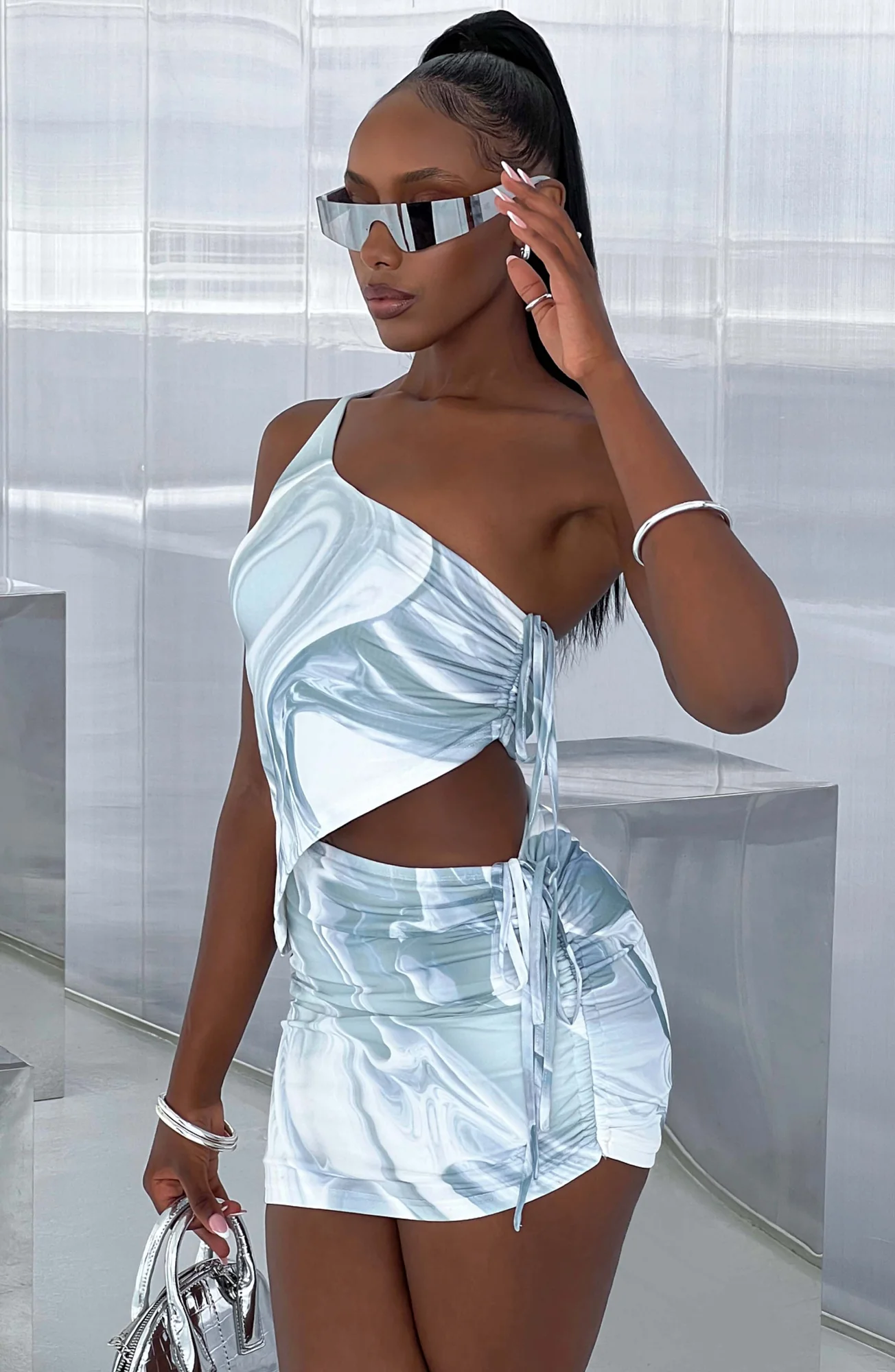 Grey Haze Print Asymmetric One-Shoulder Crop Top