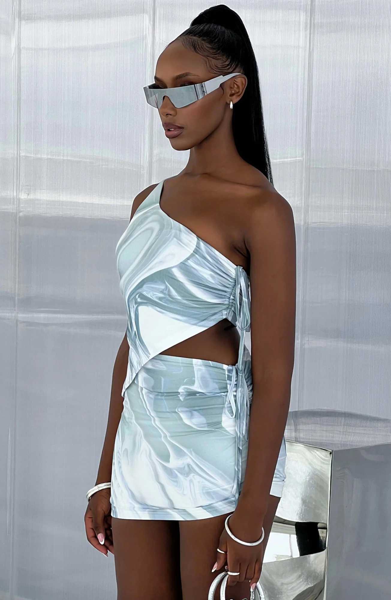 Grey Haze Print Asymmetric One-Shoulder Crop Top