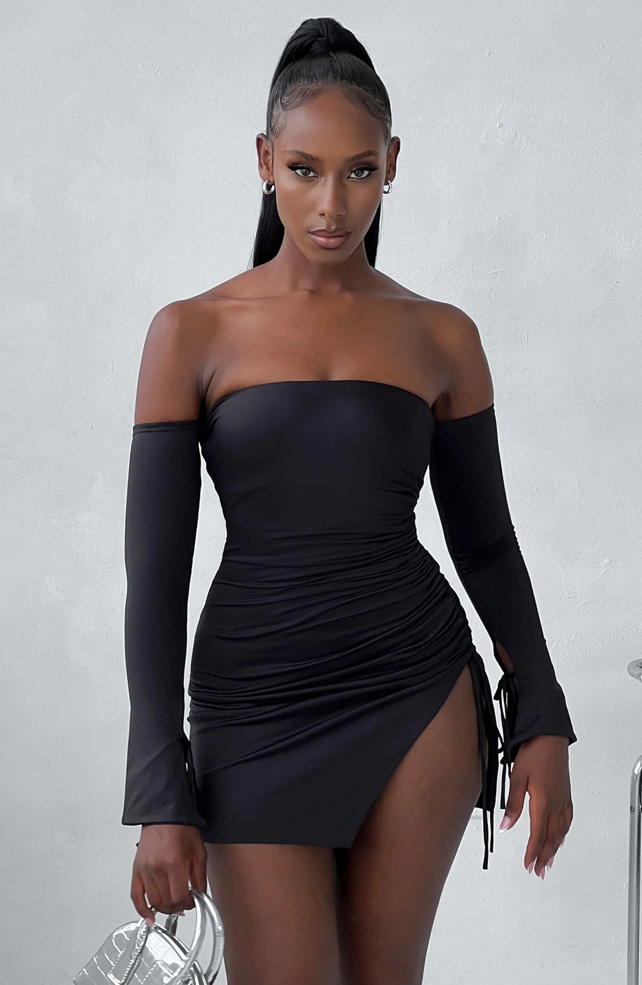Black Double Layered Jersey Off-Shoulder Mini Dress with Long Sleeves