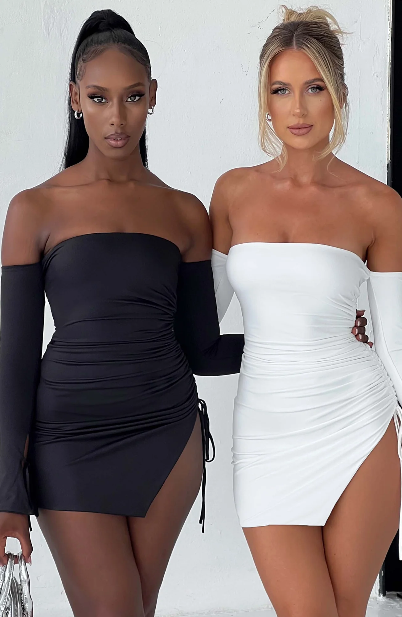 Black Double Layered Jersey Off-Shoulder Mini Dress with Long Sleeves