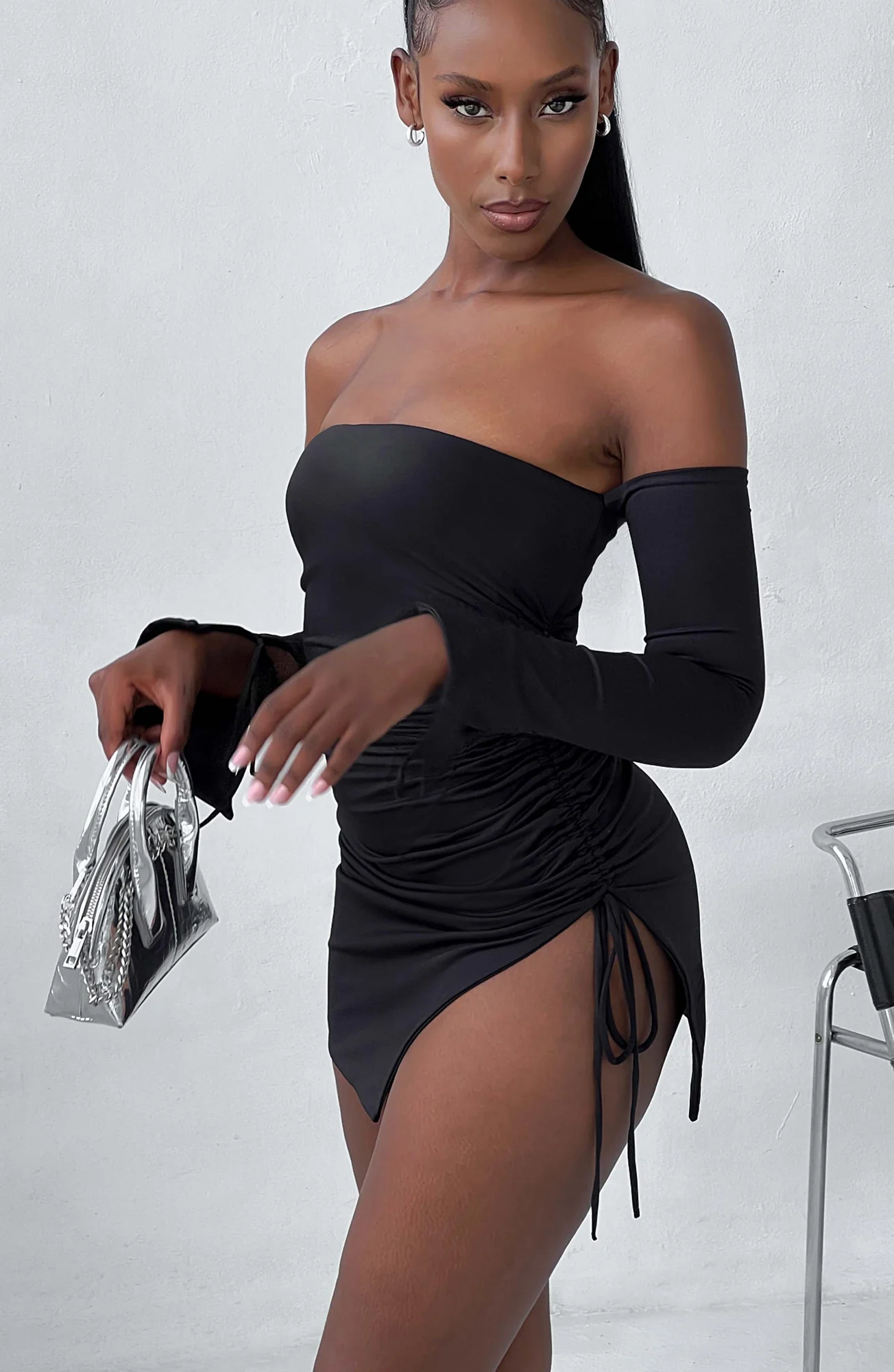 Black Double Layered Jersey Off-Shoulder Mini Dress with Long Sleeves