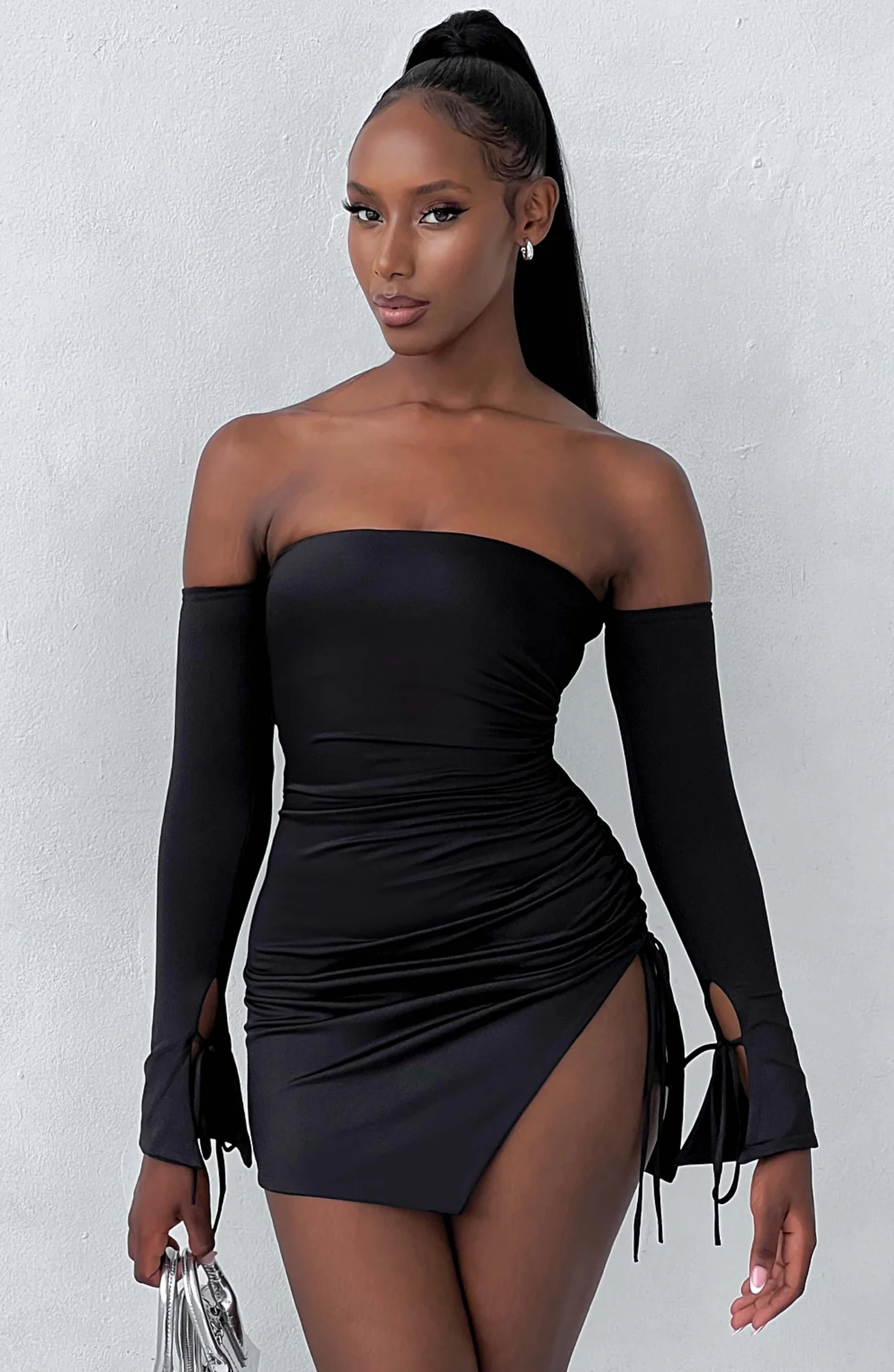 Black Double Layered Jersey Off-Shoulder Mini Dress with Long Sleeves