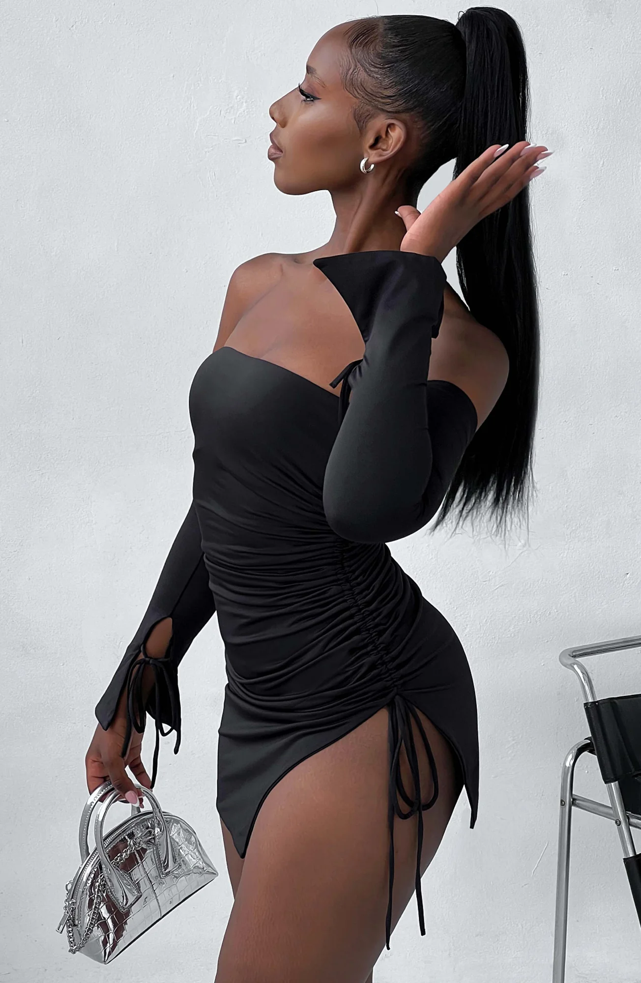 Black Double Layered Jersey Off-Shoulder Mini Dress with Long Sleeves