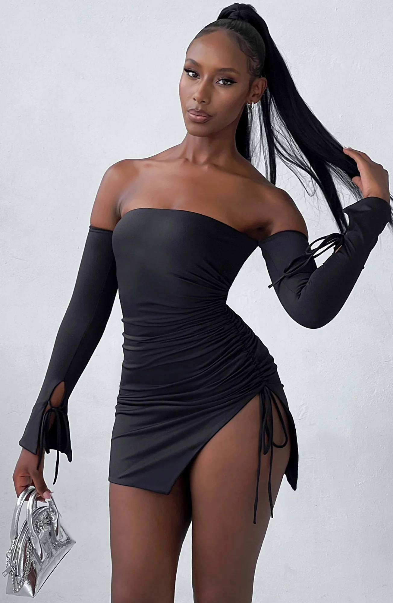 Black Double Layered Jersey Off-Shoulder Mini Dress with Long Sleeves