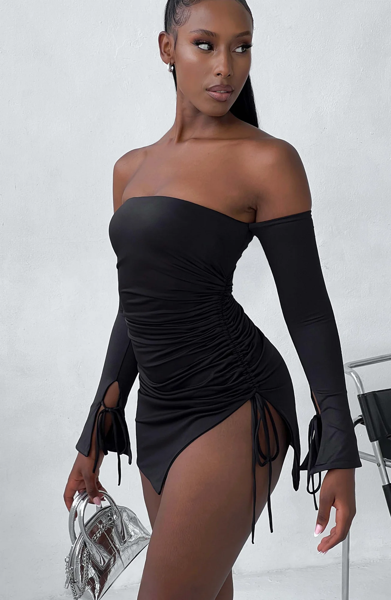 Black Double Layered Jersey Off-Shoulder Mini Dress with Long Sleeves