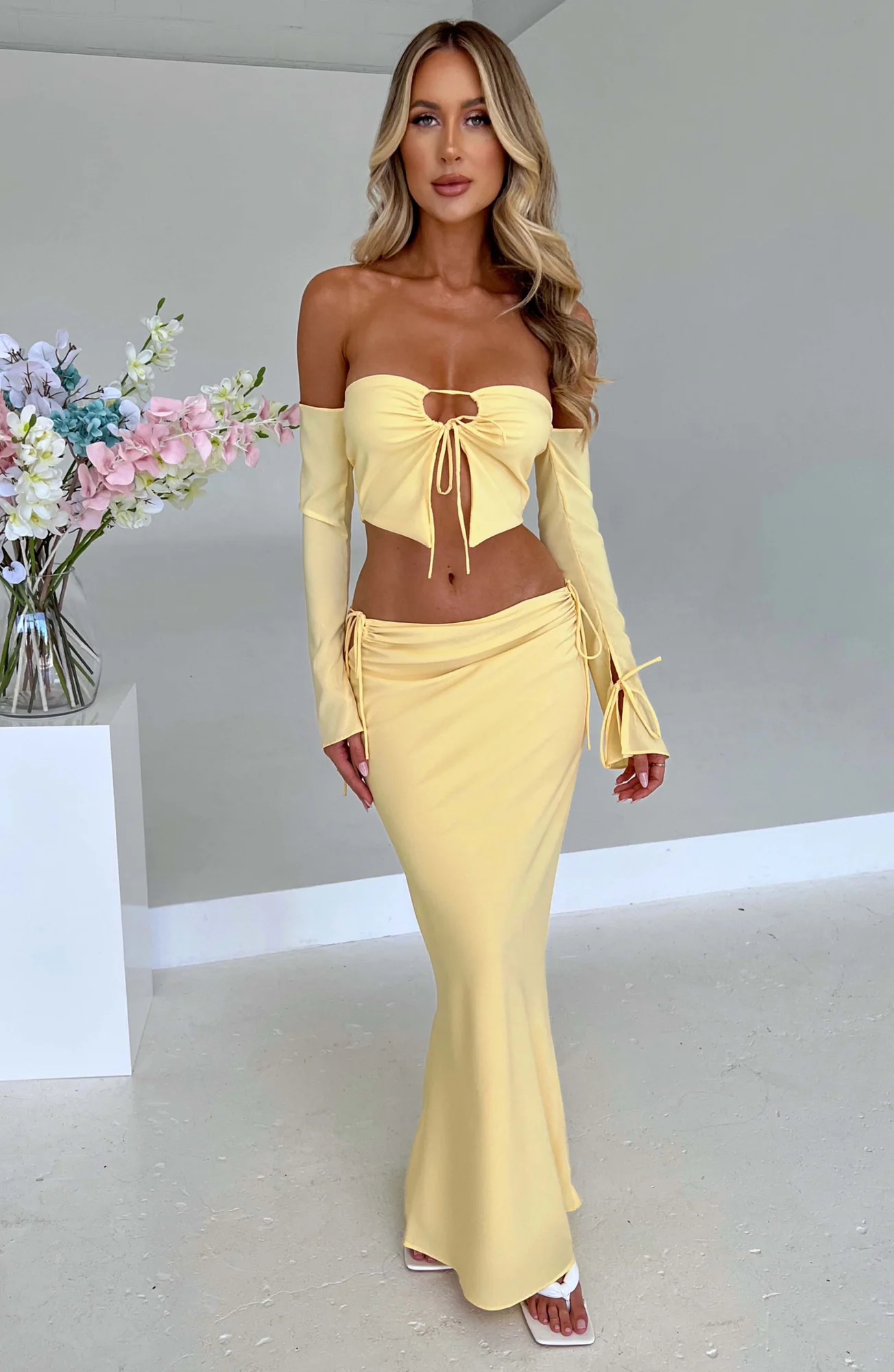Lemon Georgette Satin Maxi Skirt with Tie Detail - Elegant Flowy Style