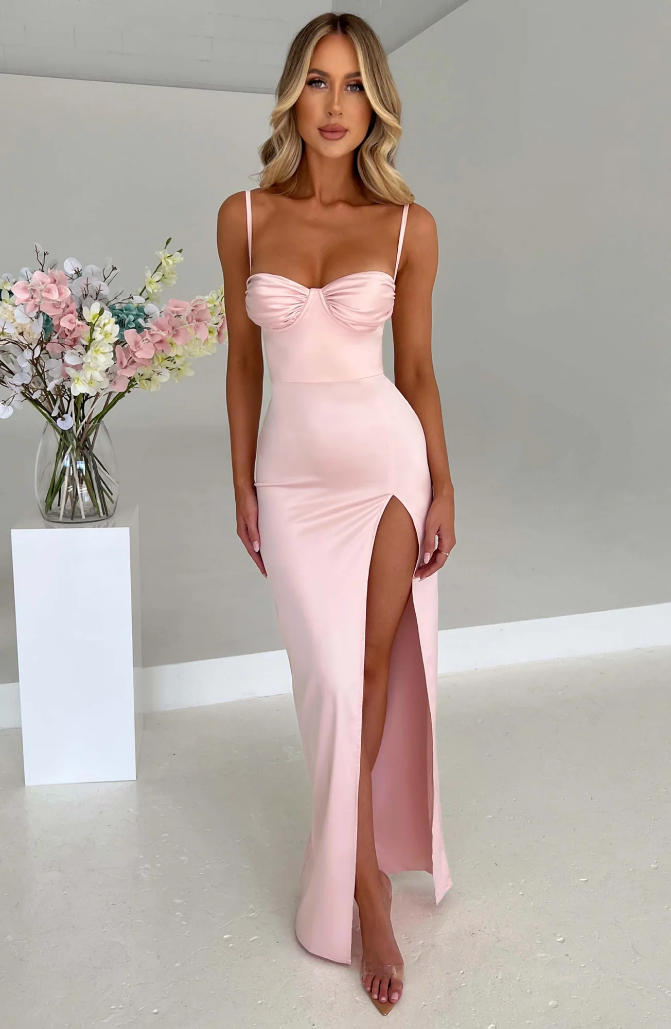Blush Satin Maxi Dress - Elegant Thigh Split Gown