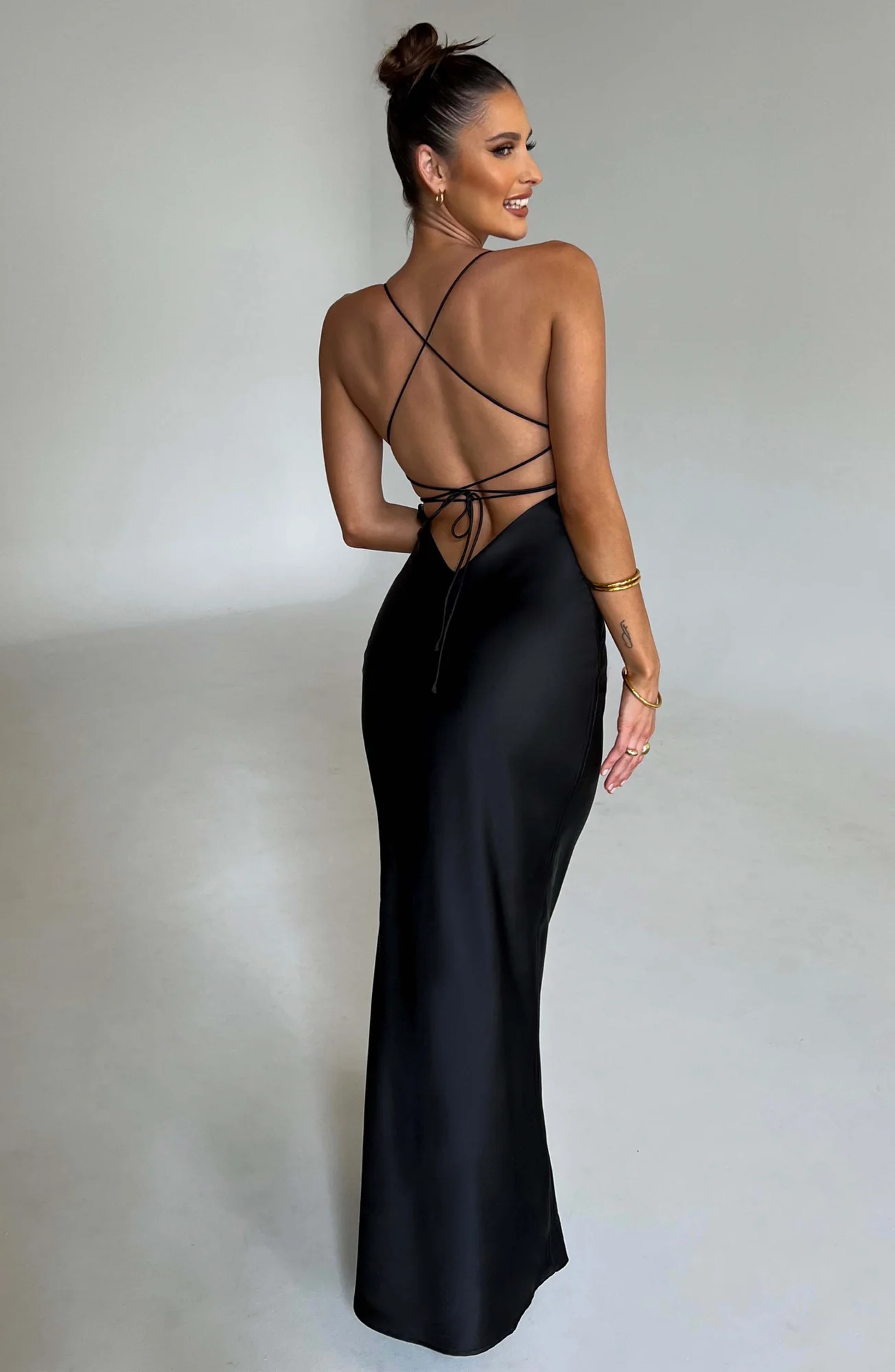 Black Satin Maxi Dress with Low Back Detail