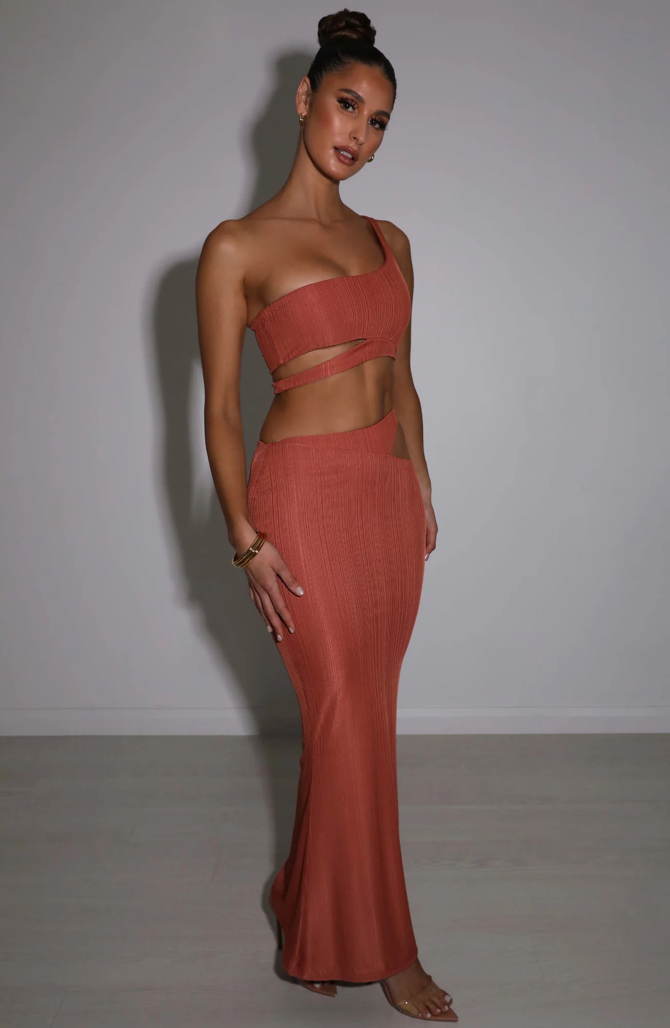 Rust Textured Knit Maxi Skirt with Cut Out Detail - High Waist Design