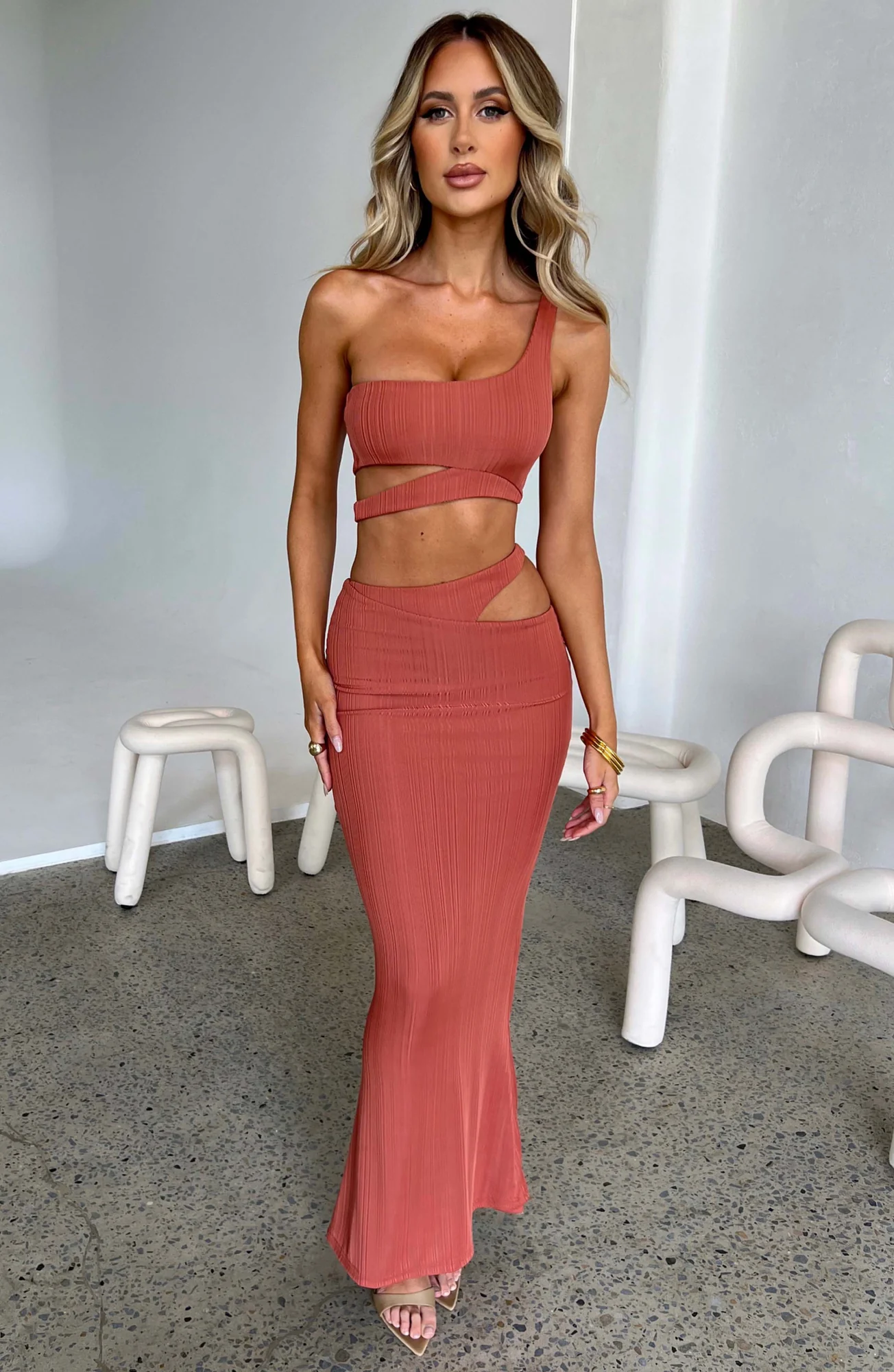 Rust Textured Knit Maxi Skirt with Cut Out Detail - High Waist Design