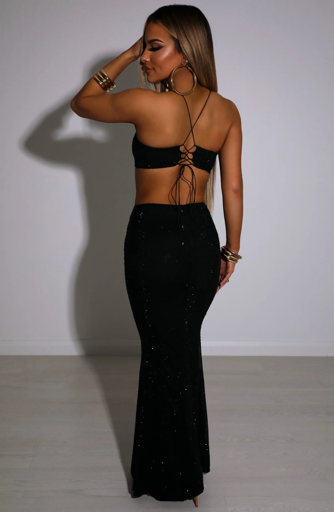 Black Embellished Mesh Maxi Skirt for Women