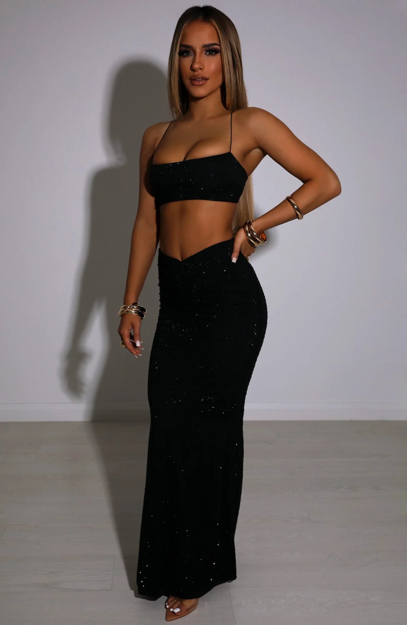 Black Embellished Mesh Maxi Skirt for Women