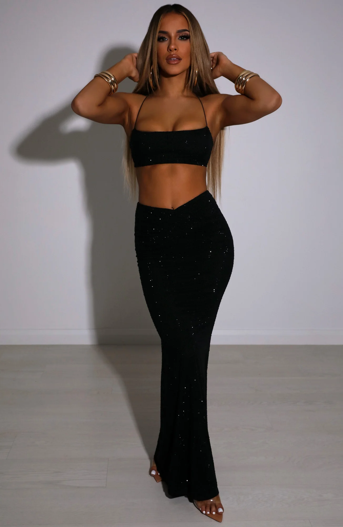 Black Embellished Mesh Maxi Skirt for Women