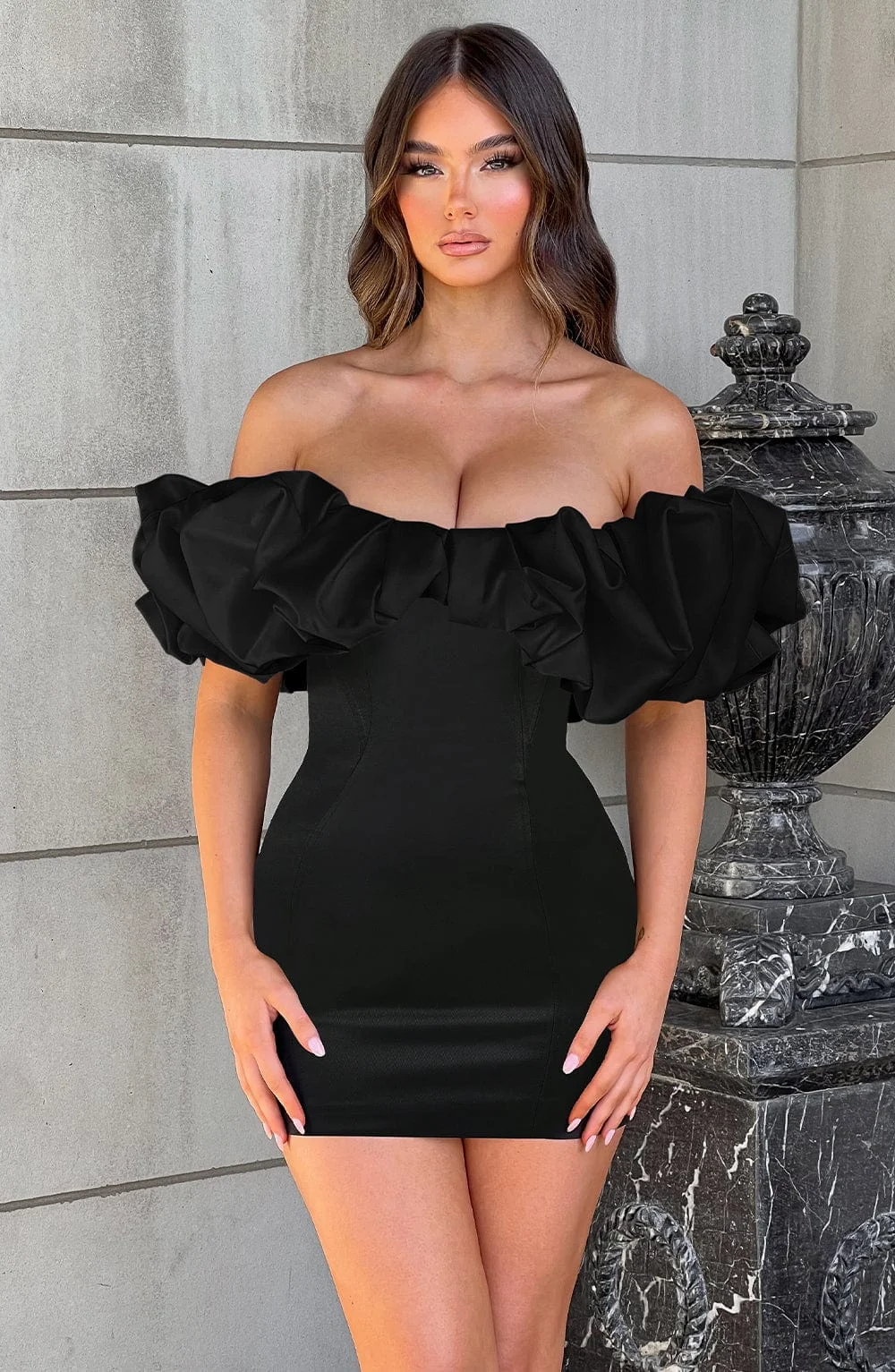 Black Duchess Satin Off-Shoulder Mini Dress with Ruffle Detail