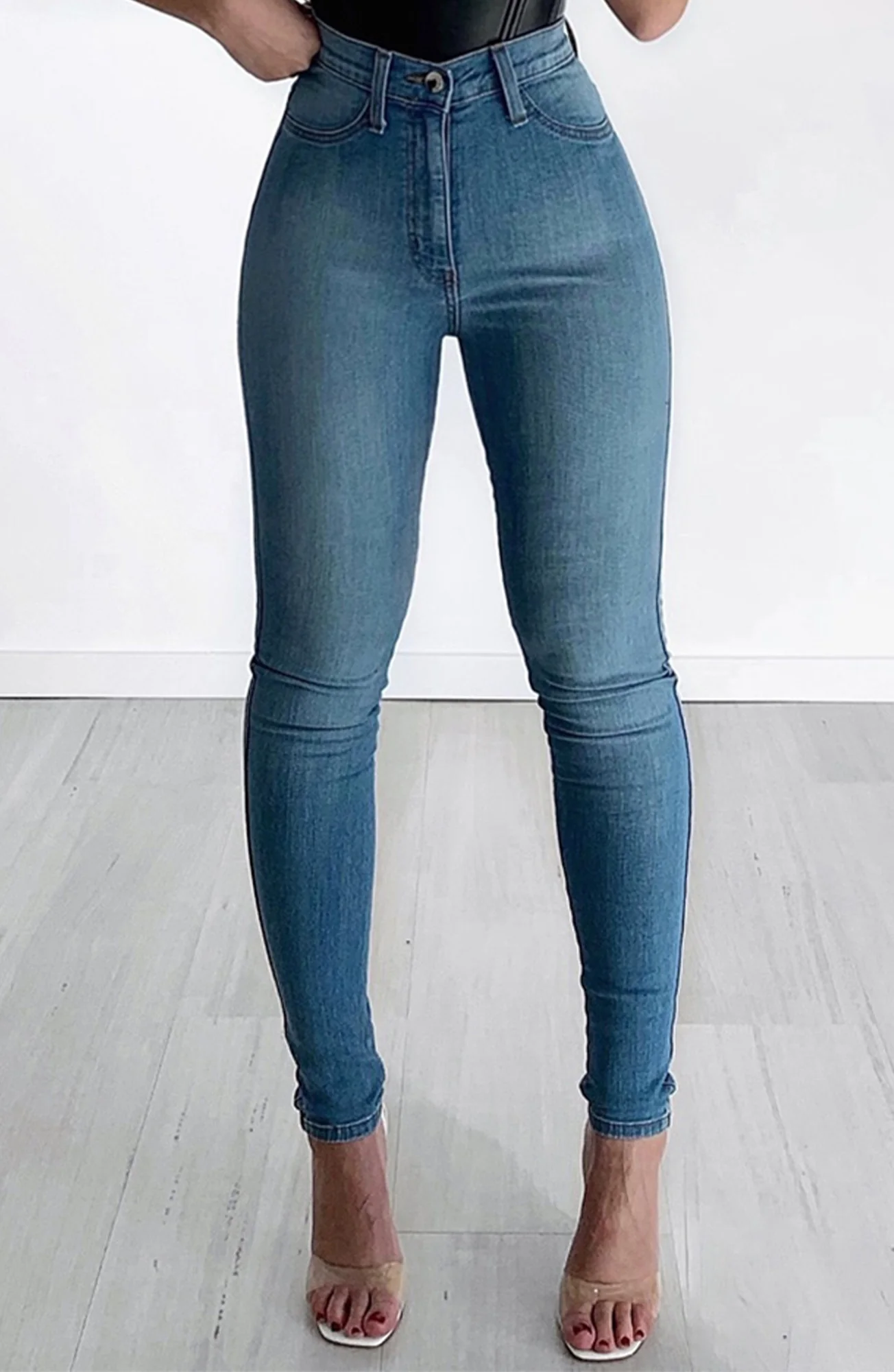 Flexible Stretch Denim High Rise Skinny Jeans - Light Blue