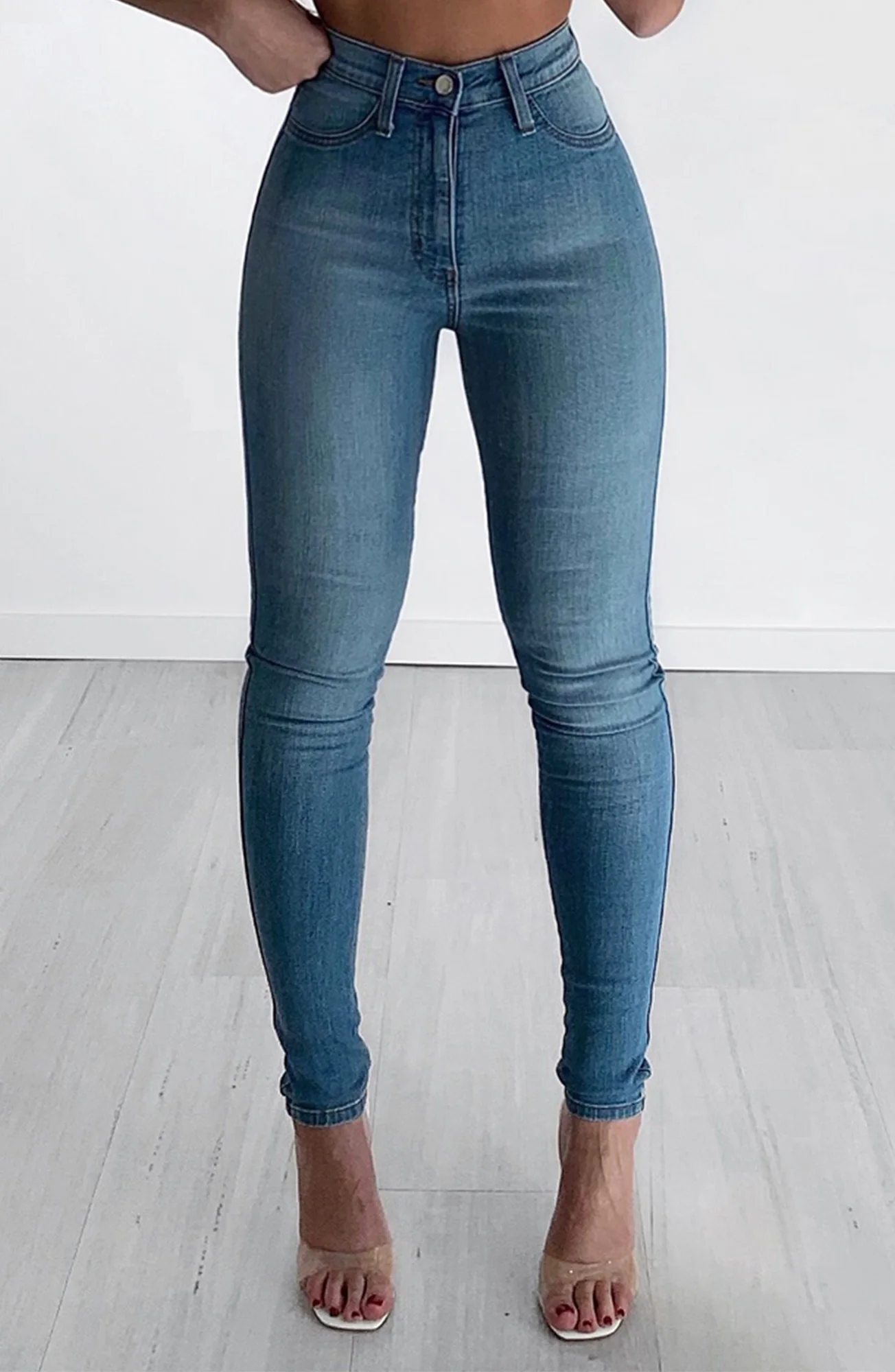 Flexible Stretch Denim High Rise Skinny Jeans - Light Blue