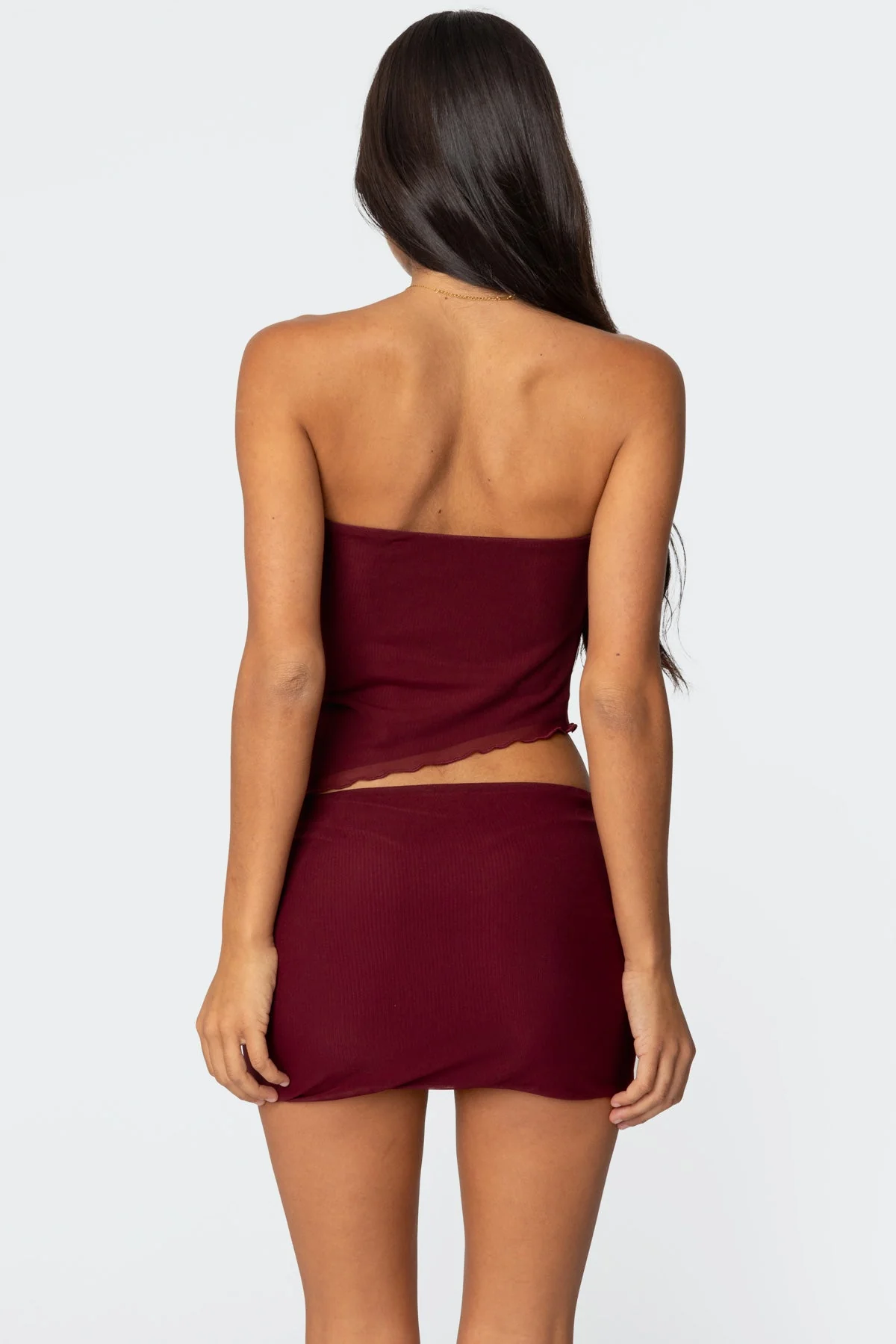 Burgundy Mesh Asymmetric Tube Top Womens Set