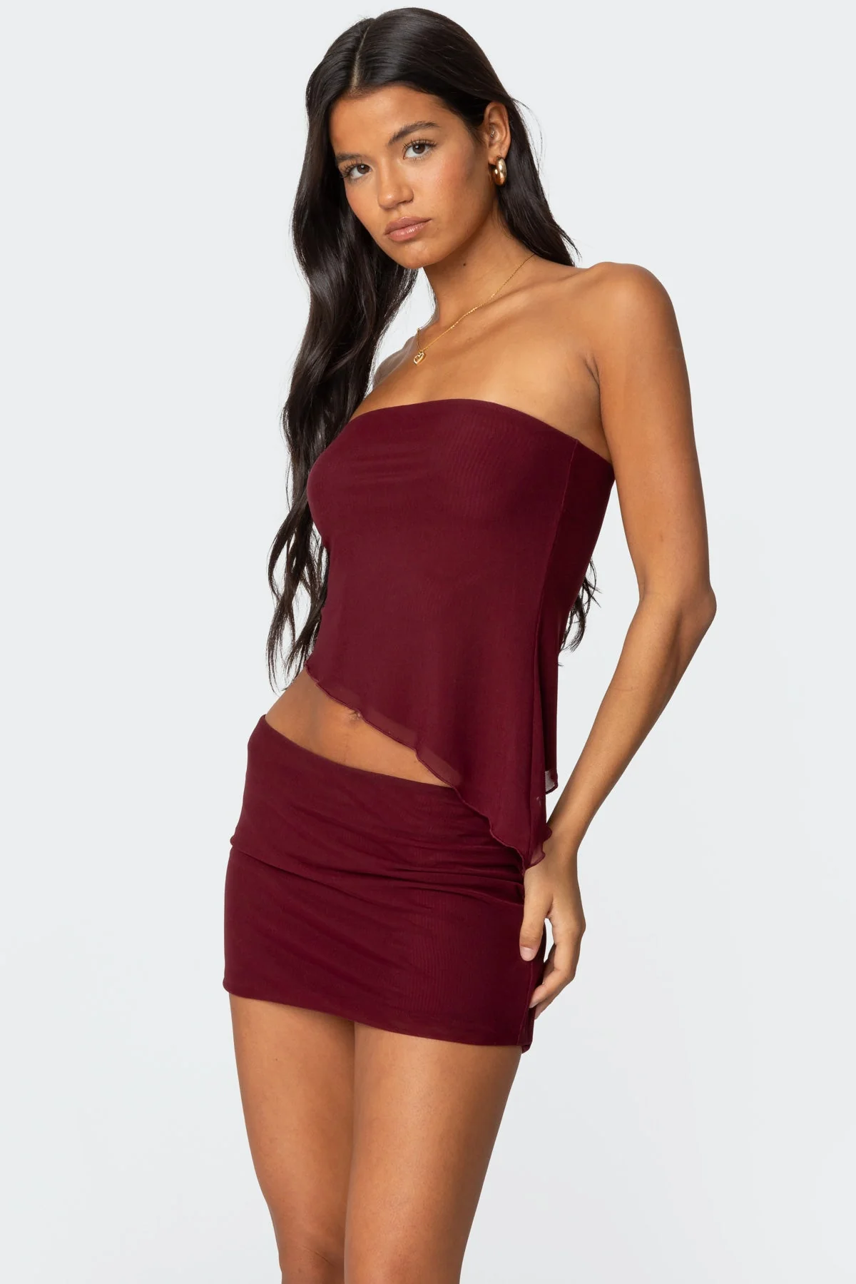 Burgundy Mesh Asymmetric Tube Top Womens Set
