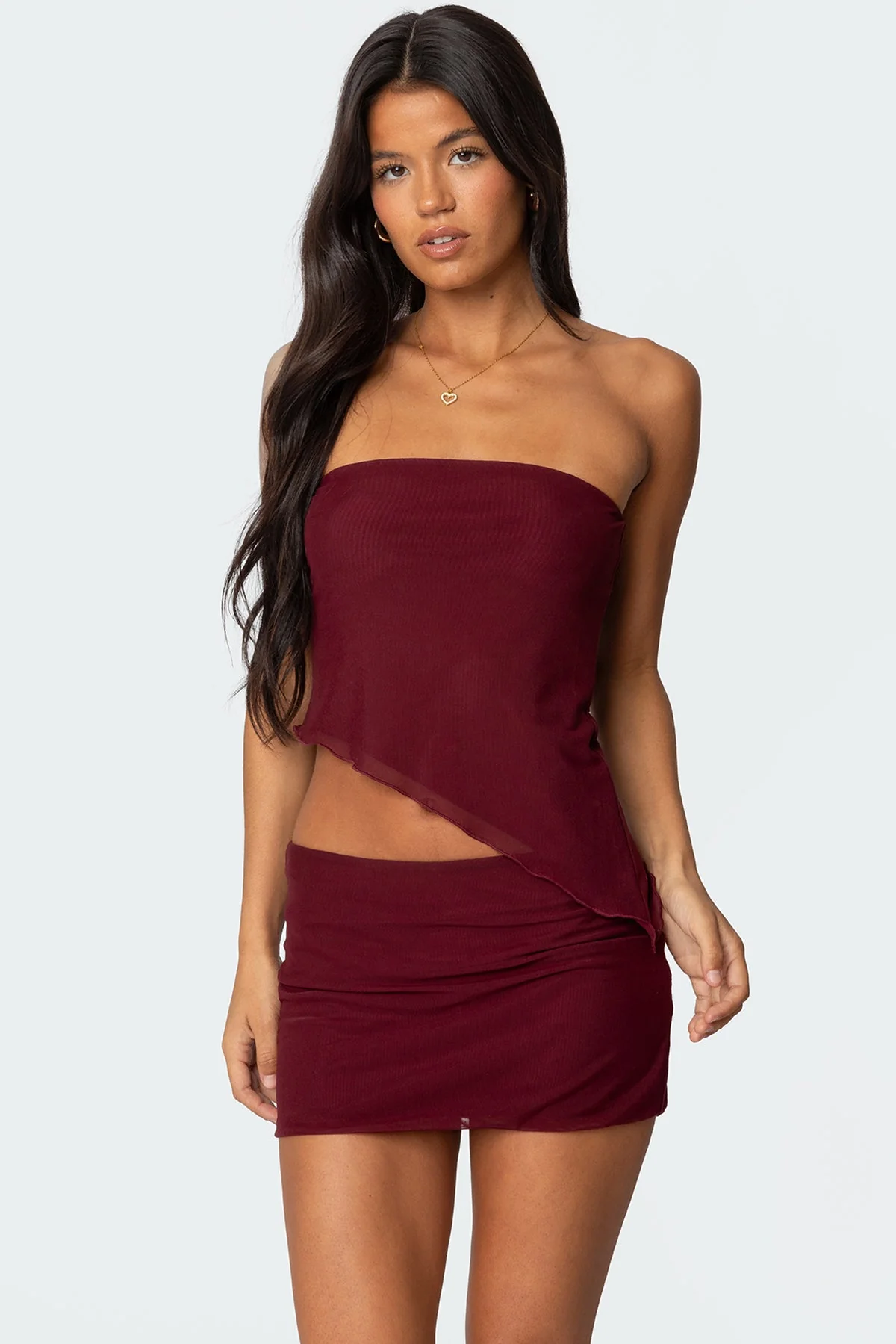 Burgundy Mesh Asymmetric Tube Top Womens Set