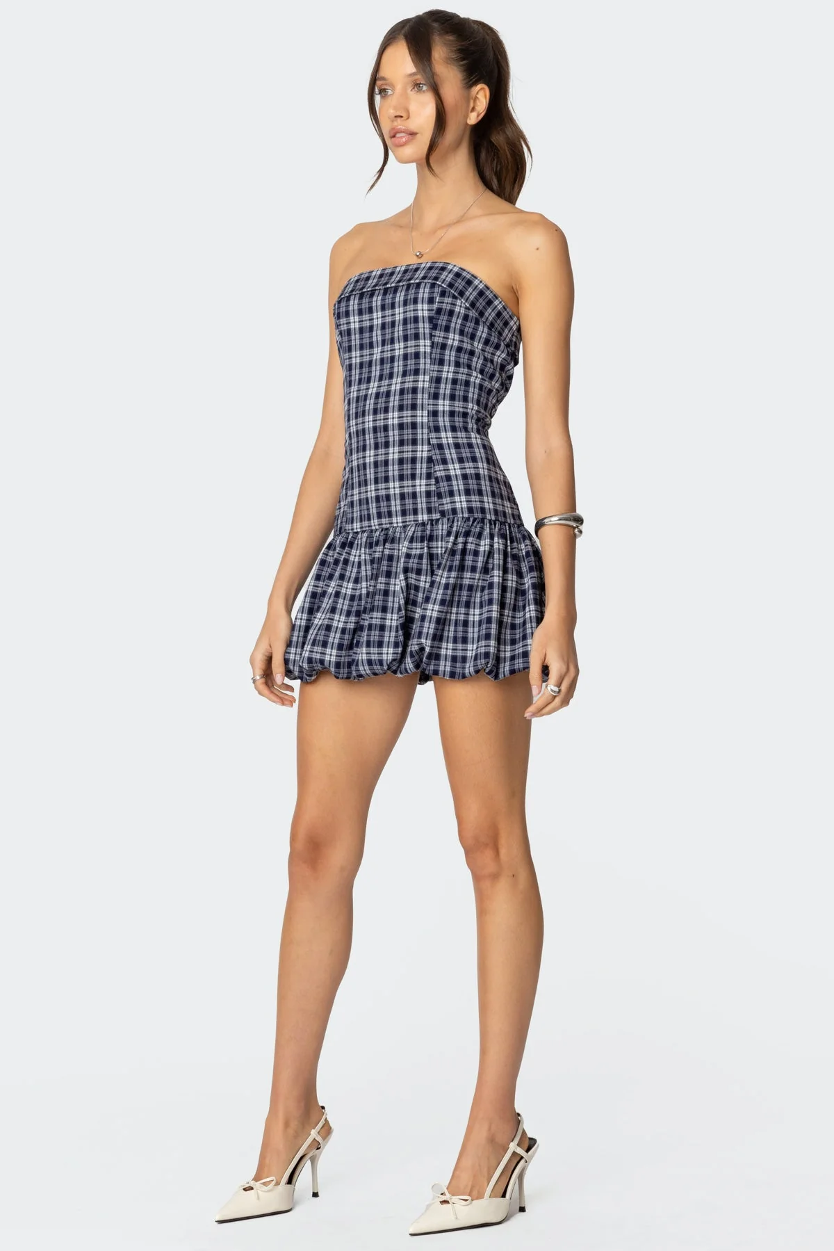 Navy Bubble Mini Dress Strapless Plaid Design