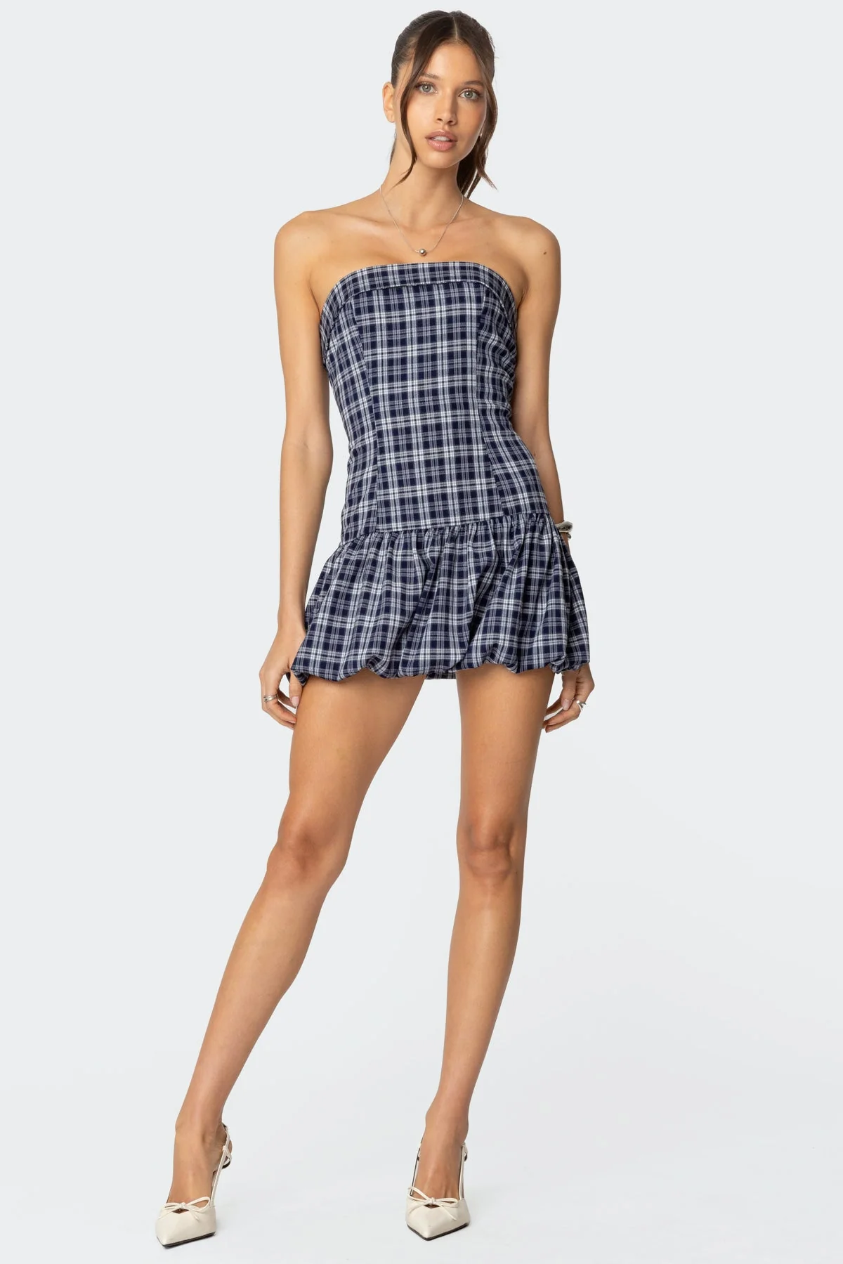 Navy Bubble Mini Dress Strapless Plaid Design