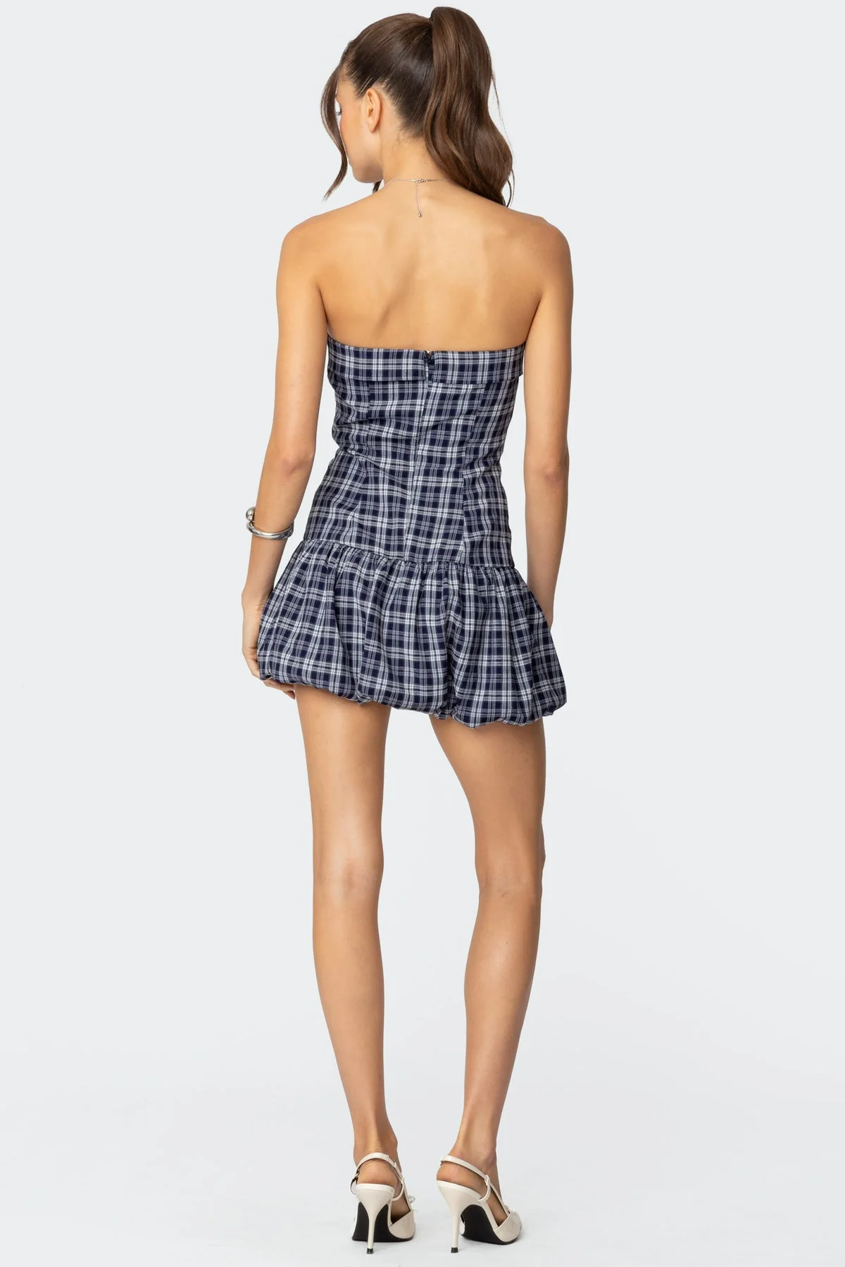 Navy Bubble Mini Dress Strapless Plaid Design