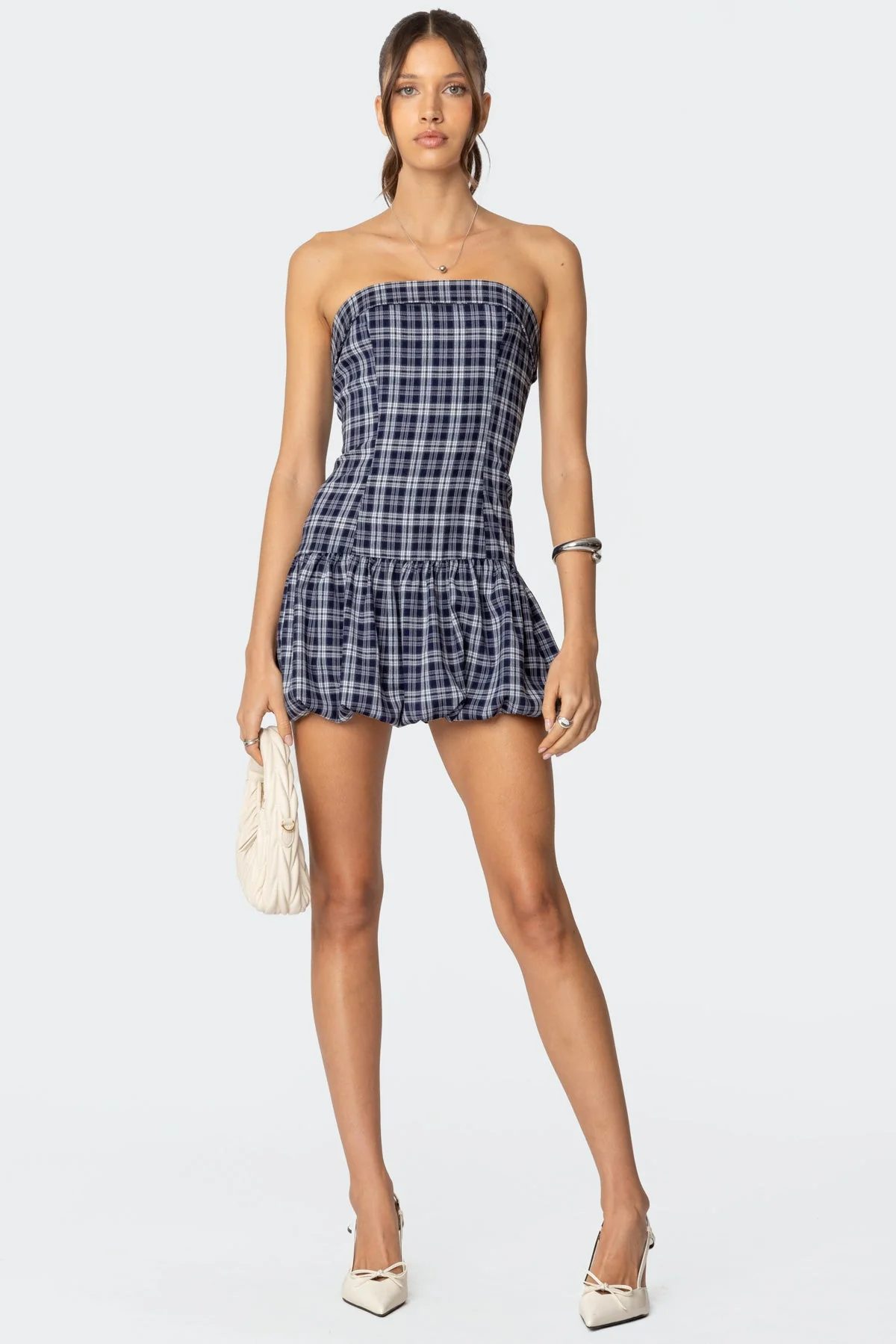 Navy Bubble Mini Dress Strapless Plaid Design