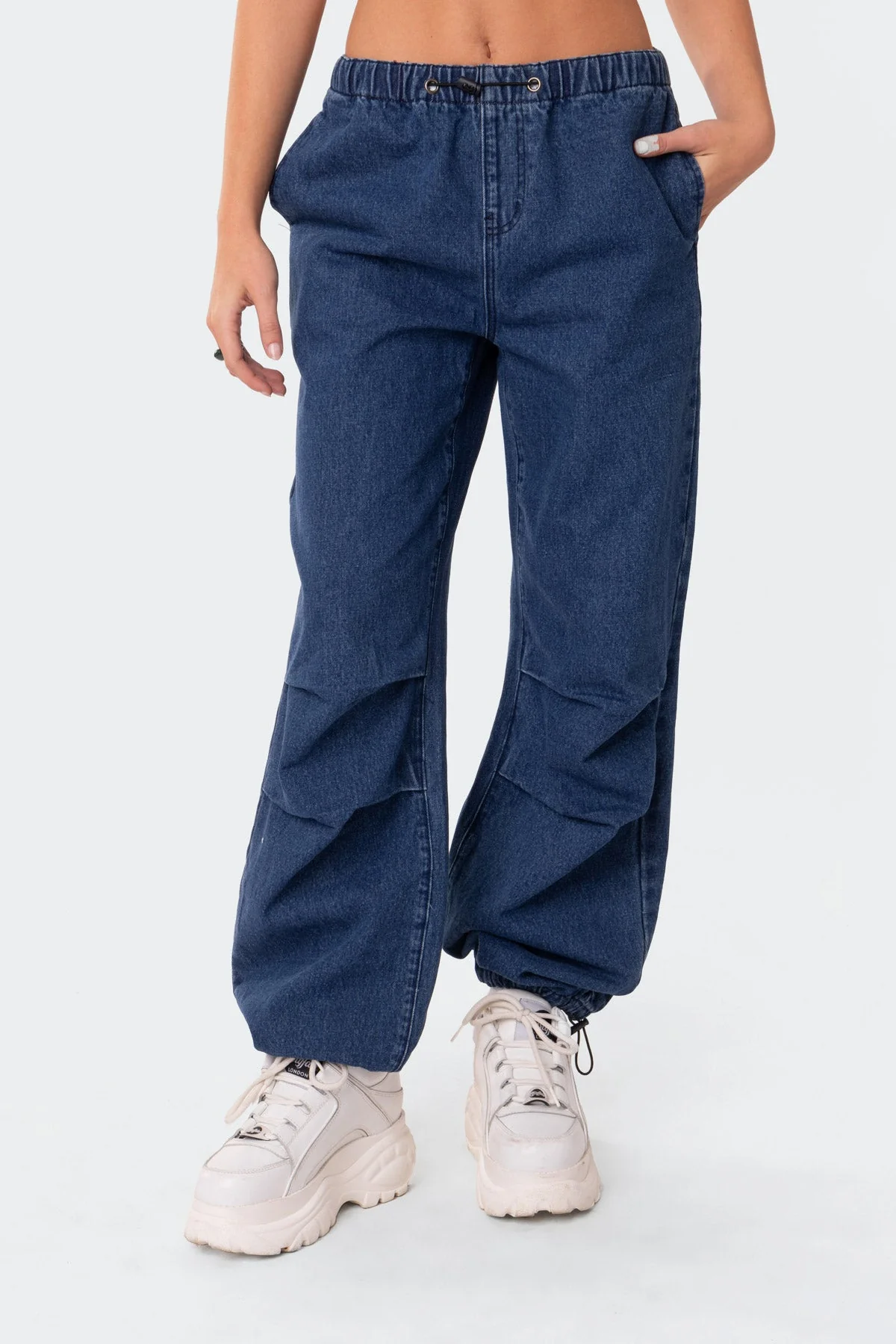 Blue Oversized Cargo Jeans - Elastic Waist Adjustable Ankle Denim Pants