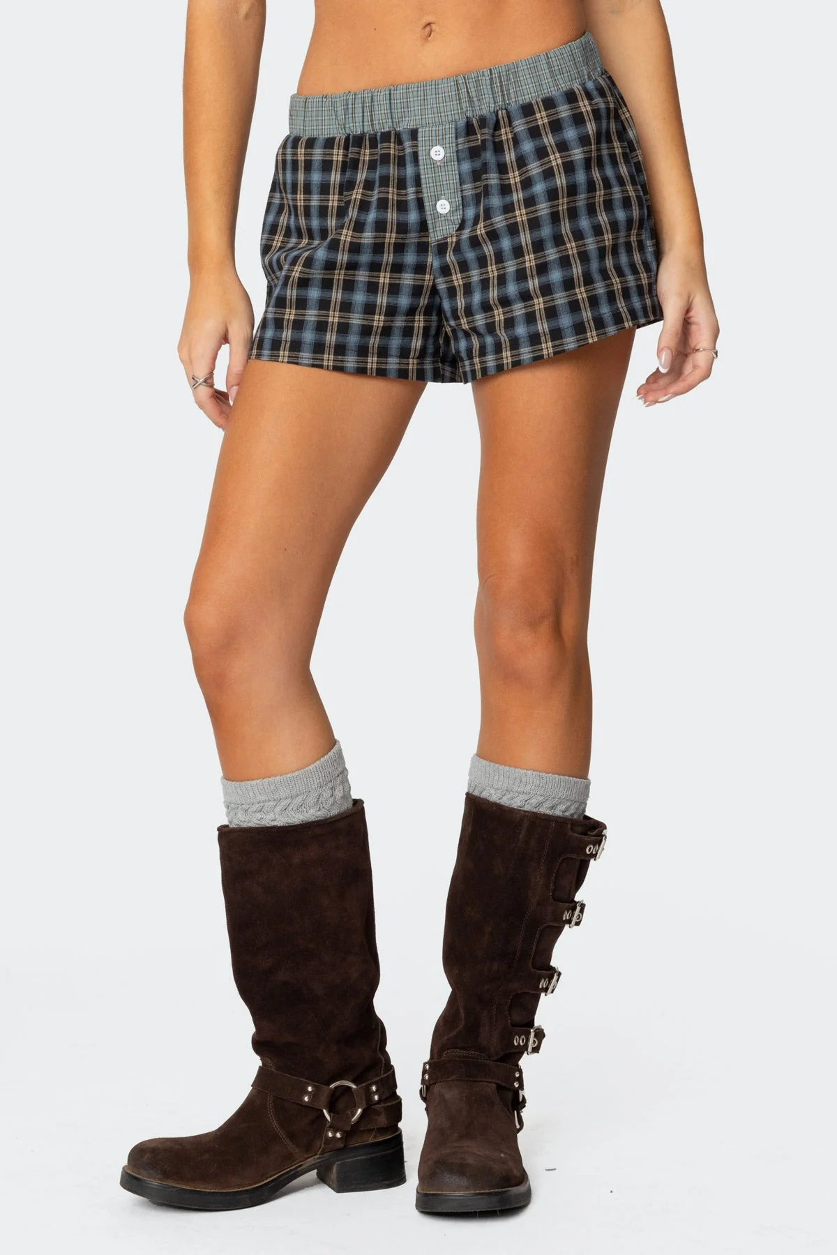 Blue Plaid Elastic Waist Cotton Shorts