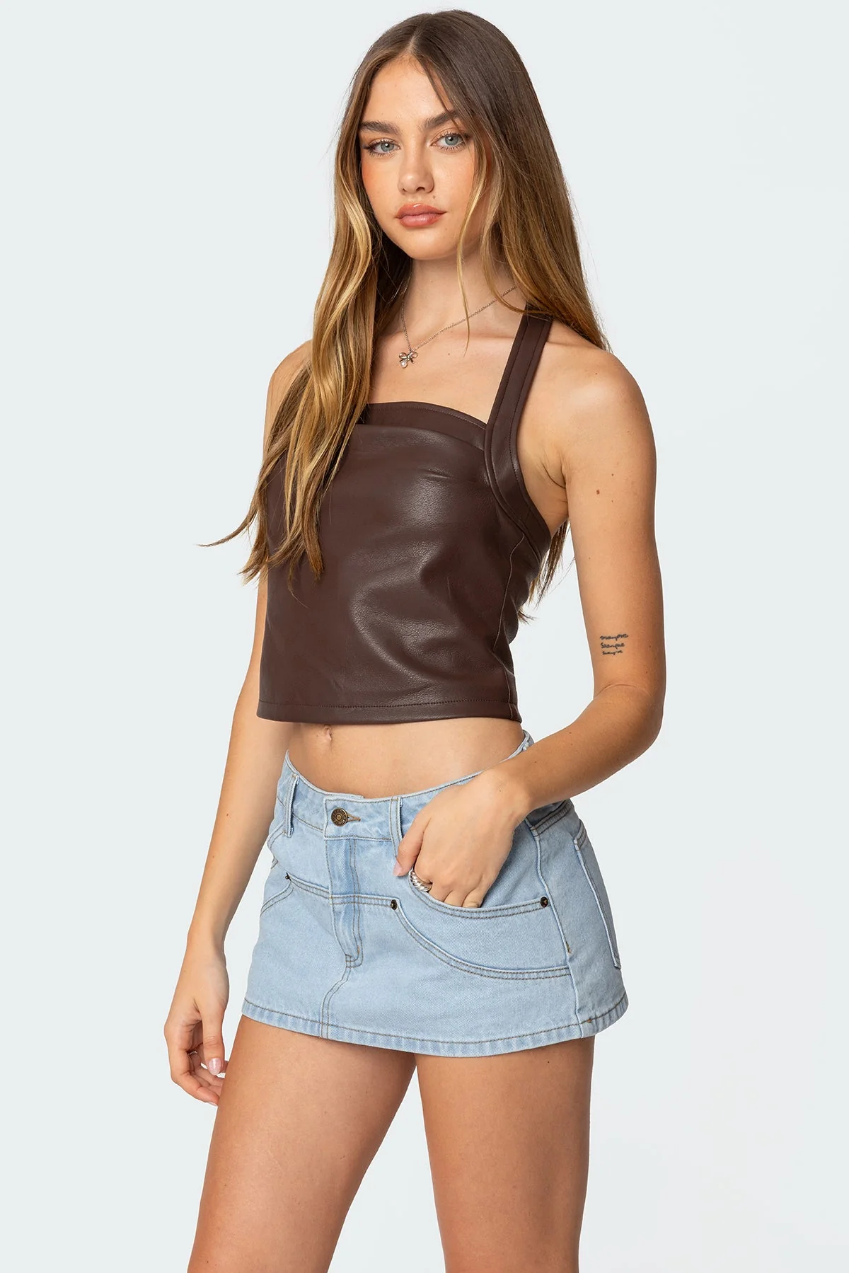 Brown Draped Faux Leather Halter Top