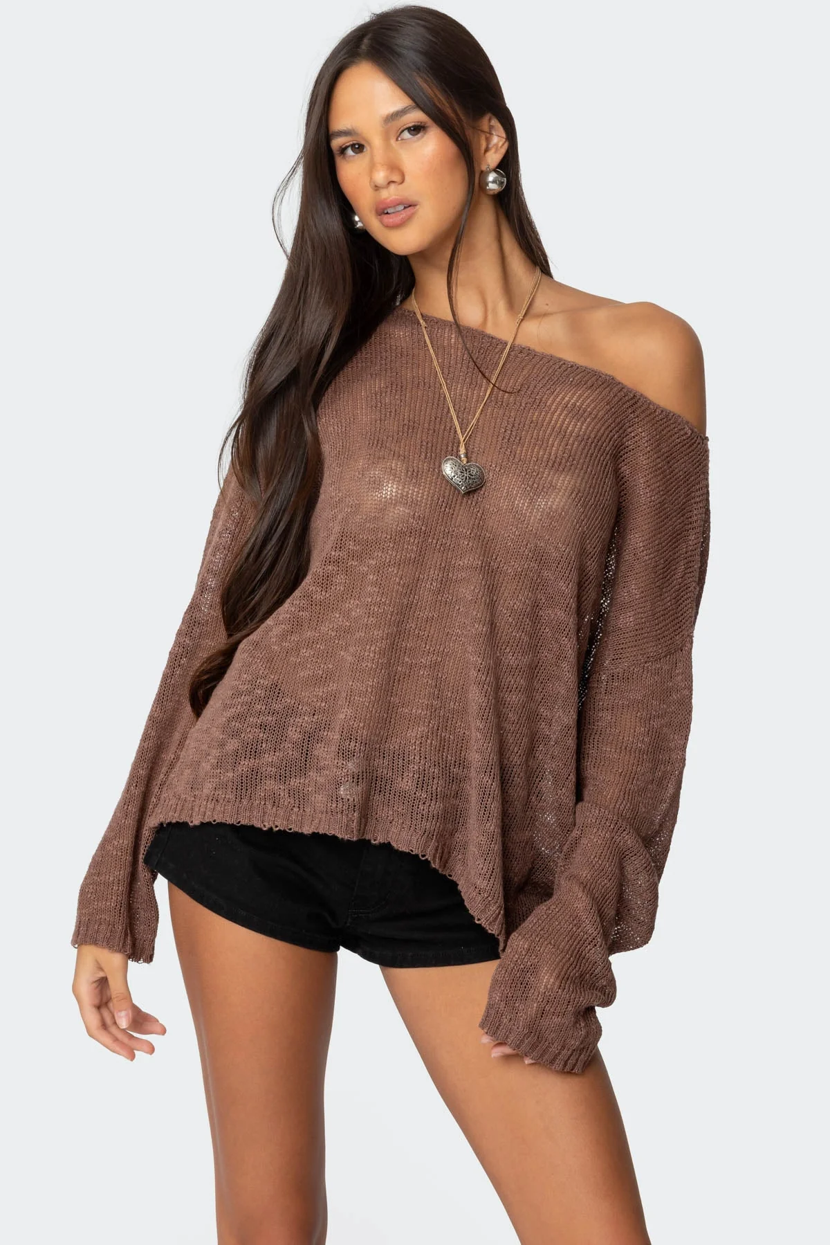 Brown Knitted Boat Neck Sweater