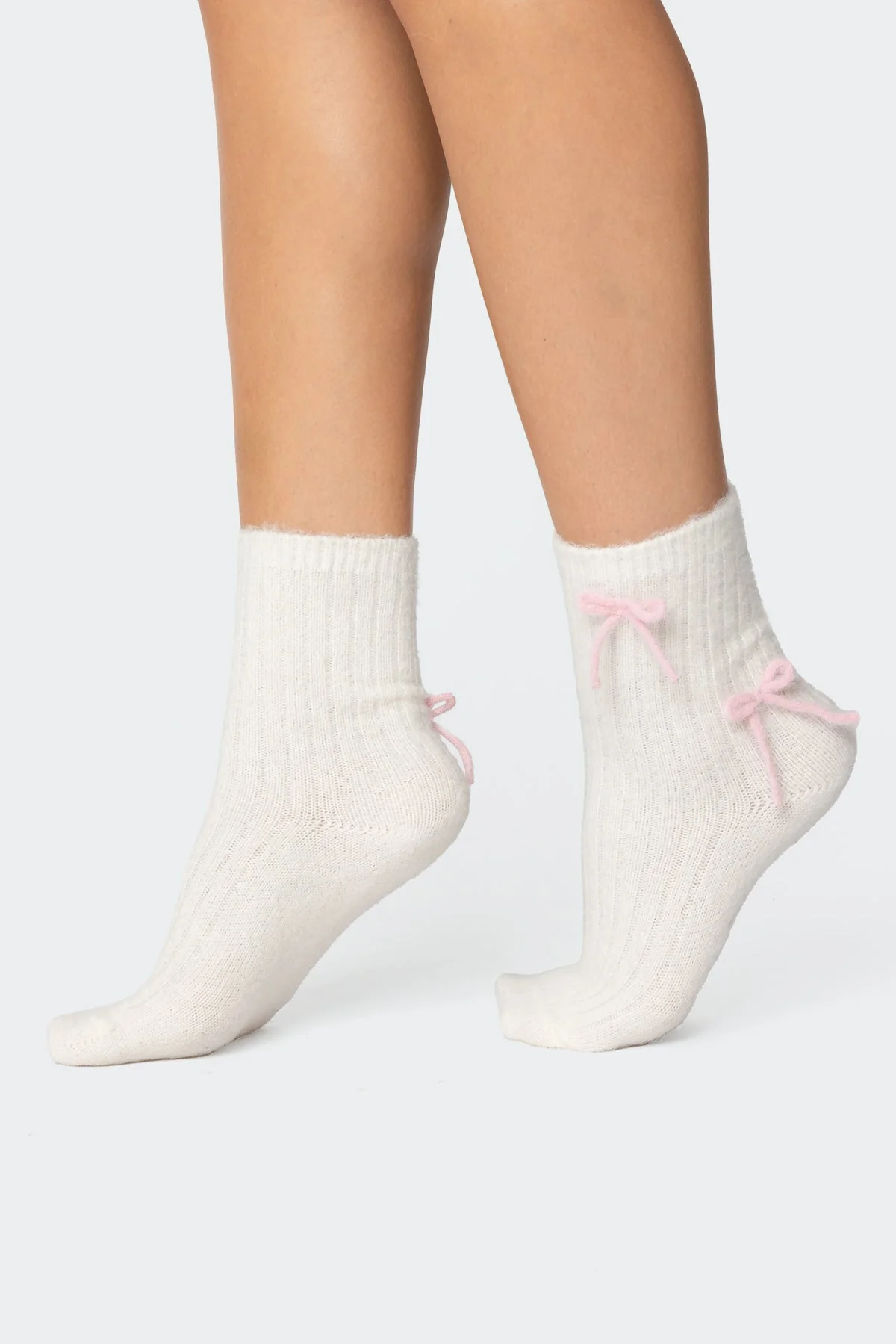 White and Pink Knit Bow Fuzzy Socks
