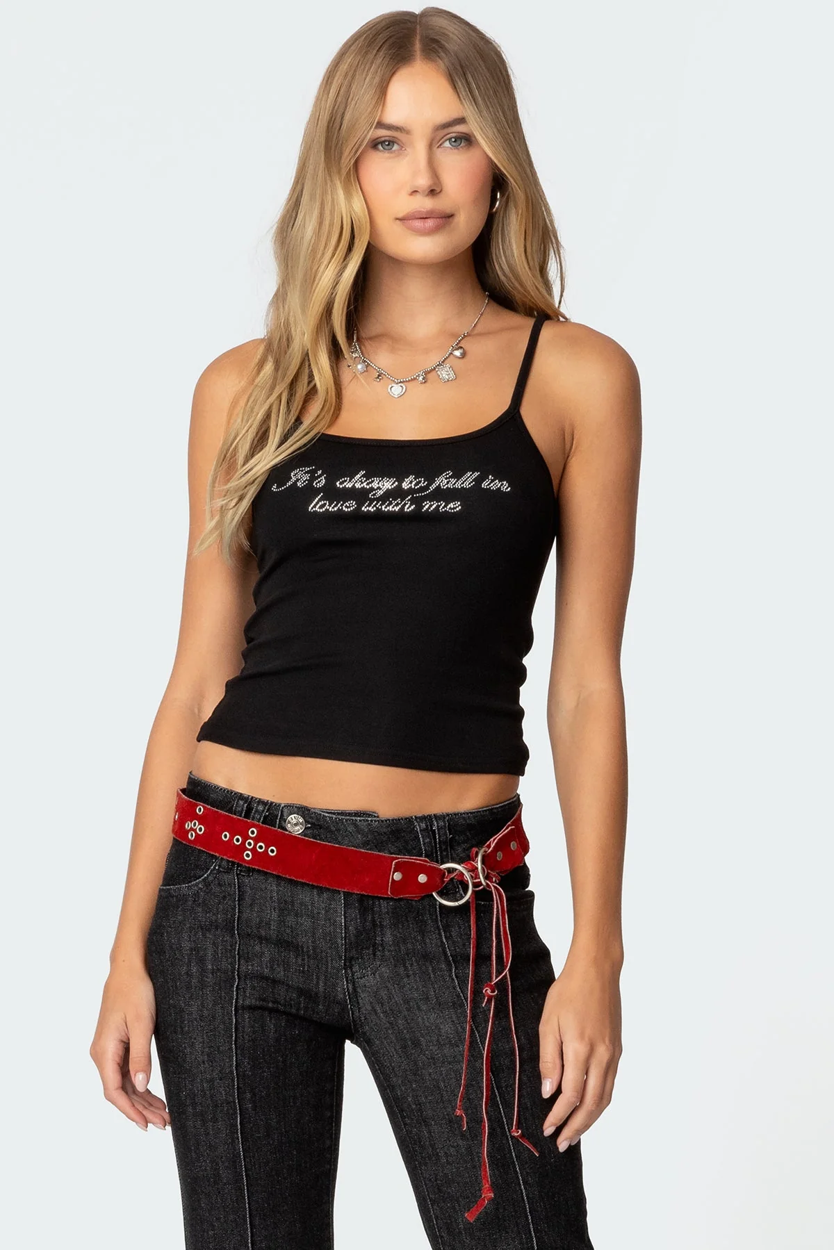 Black Rhinestone Graphic Tank Top