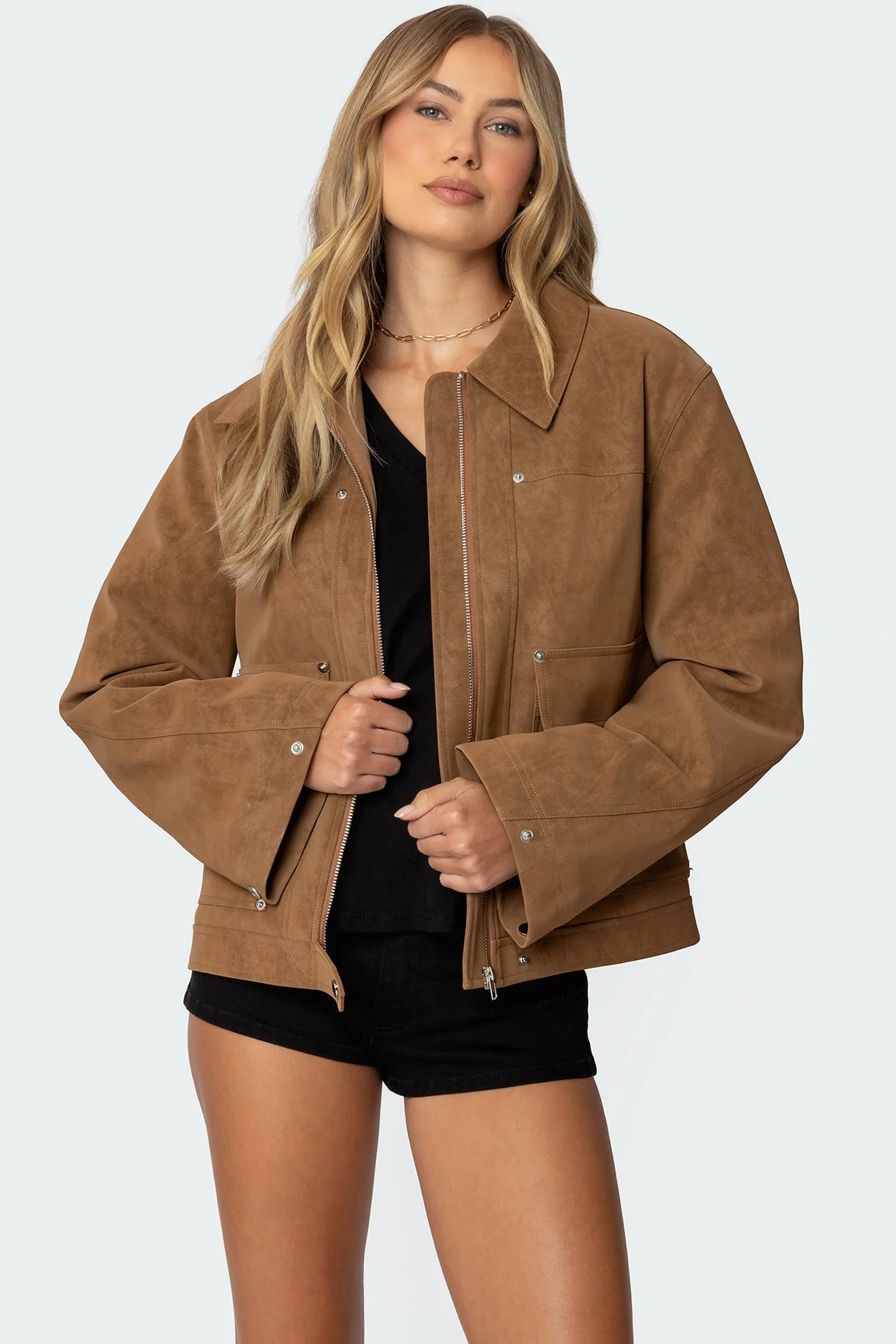 Oversized Faux Suede Jacket - Brown Collared Zip-Up Style