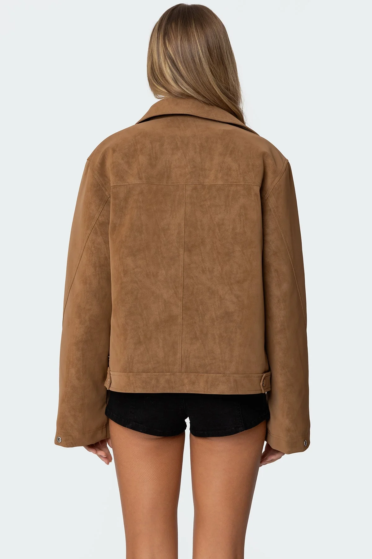 Oversized Faux Suede Jacket - Brown Collared Zip-Up Style