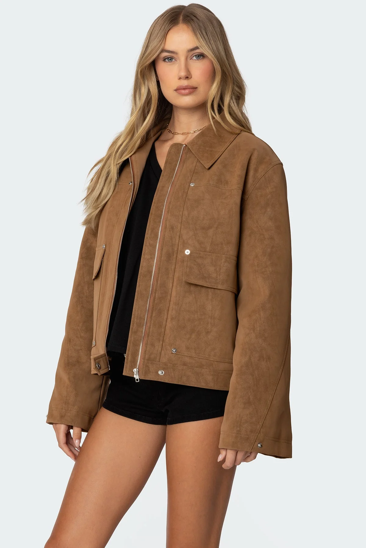 Oversized Faux Suede Jacket - Brown Collared Zip-Up Style